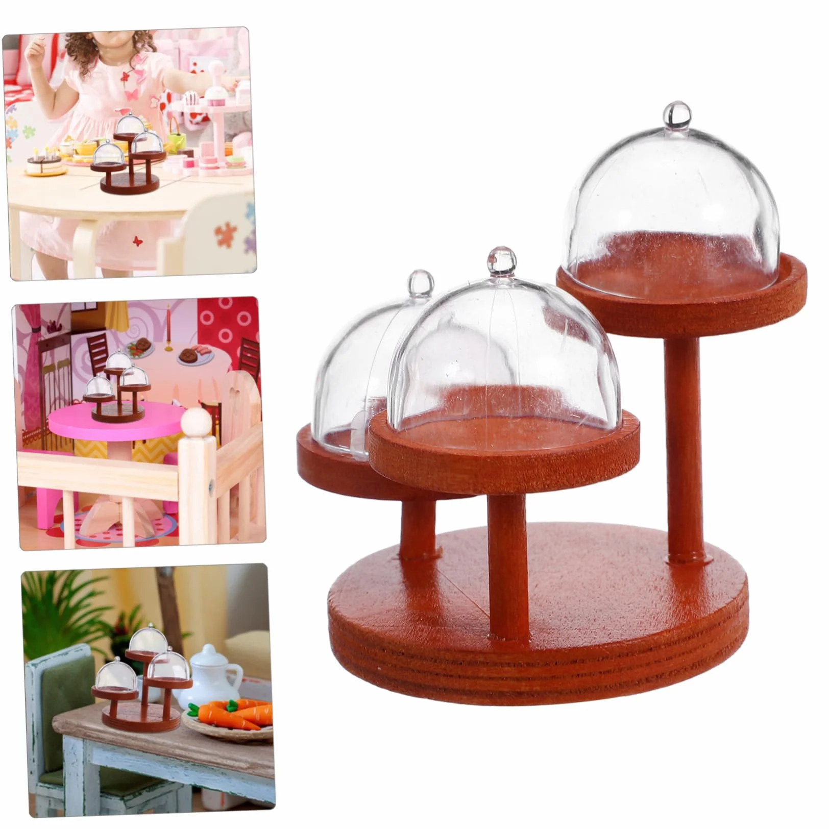 Kisangel 2 Impostati Miniature Stand da Dolci in Legno per Casa delle Bambole Vassoio Piani con Copertura in Plastica Espositore Multistrato