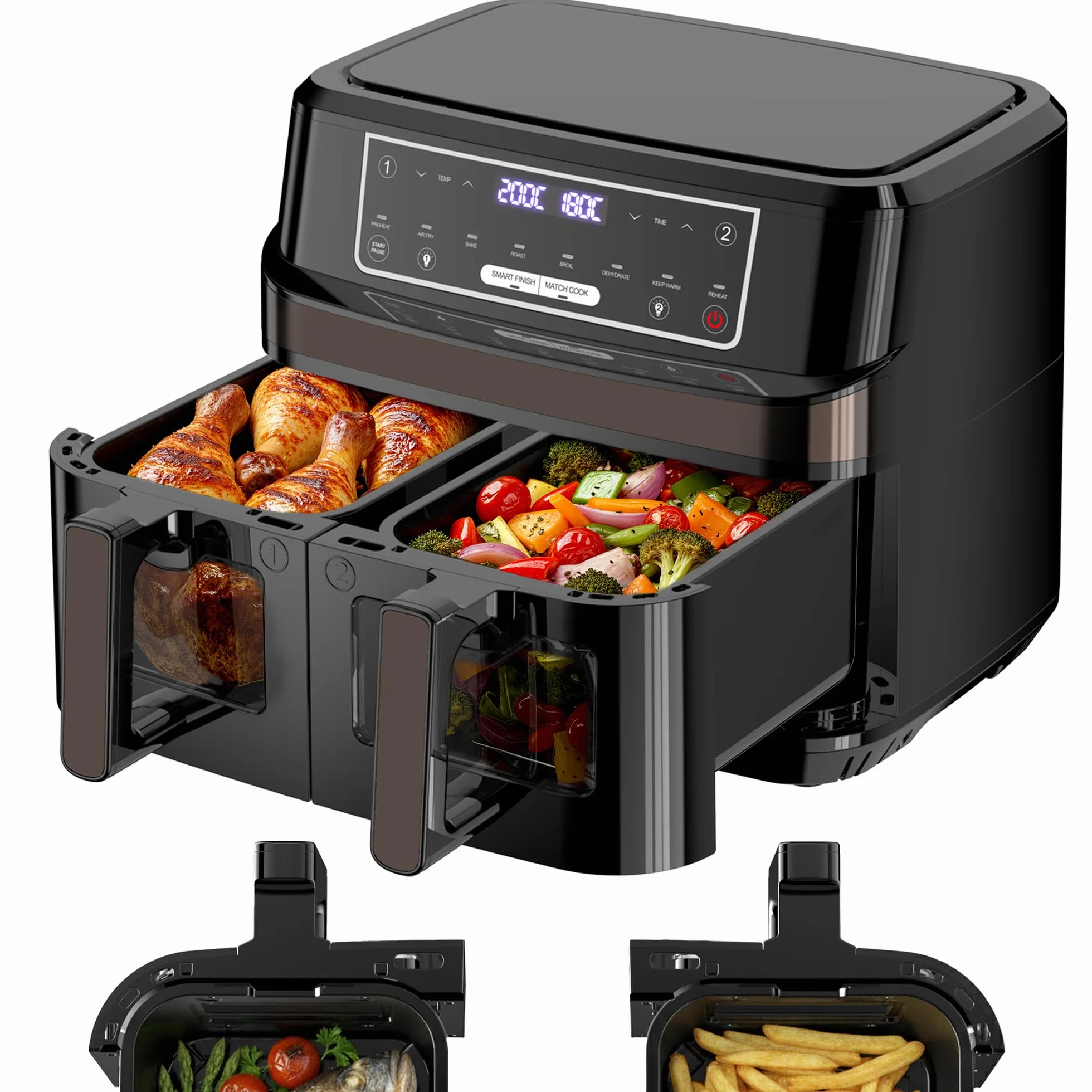 Friggitrice ad Aria Doppio Cestello | 10L Friggitrice Aria con Finestra Osserv Indipendente Temperatura, 8-in-1 Air Fryer Controllo Touch 50-200℃, Air Fryer Grande 2600W Luce Integrata Timer