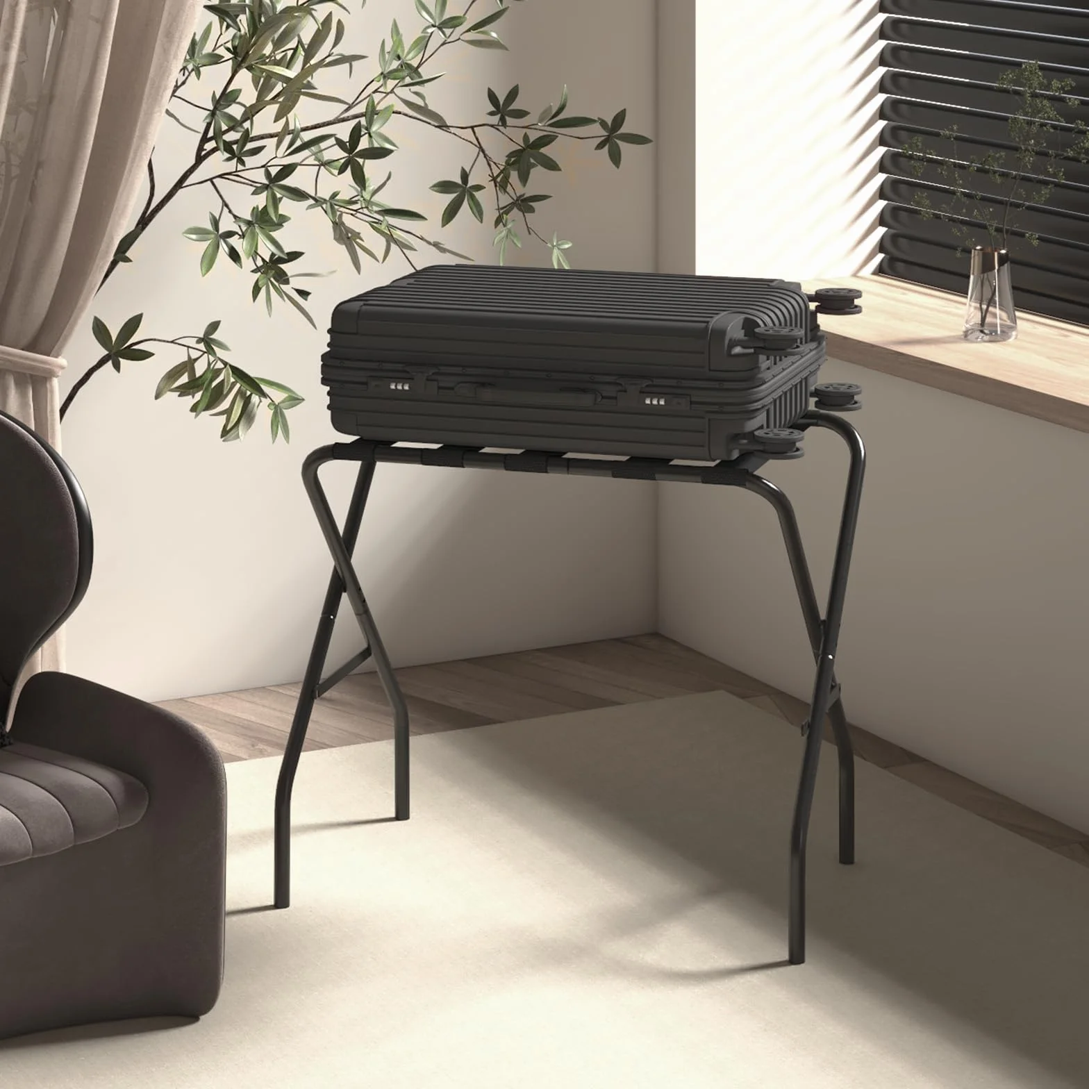 Portavaligie Pieghevole in Ferro 2 Pezzi 64x38x56 cm Nero per Hotel e Viaggi