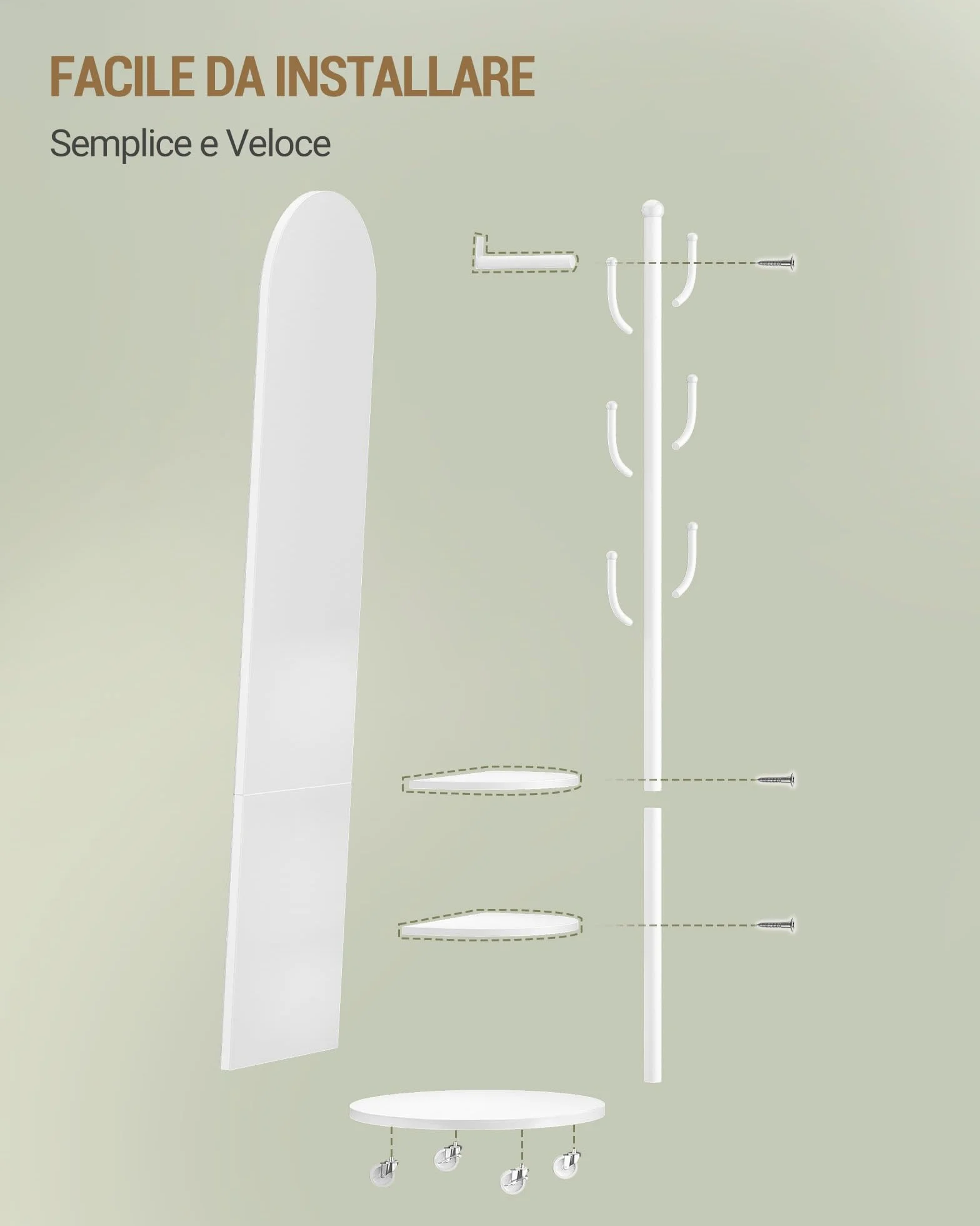 Hzuaneri Specchio a Figura Intera, Specchio da Terra con Ruote Girevoli a 360°, 165 x 45 cm, 2 Ripiani e 6 Ganci, per Camere da Letto, Cabine Armadio e Soggiorno, Vetro Temperato, Bianco DM42303W
