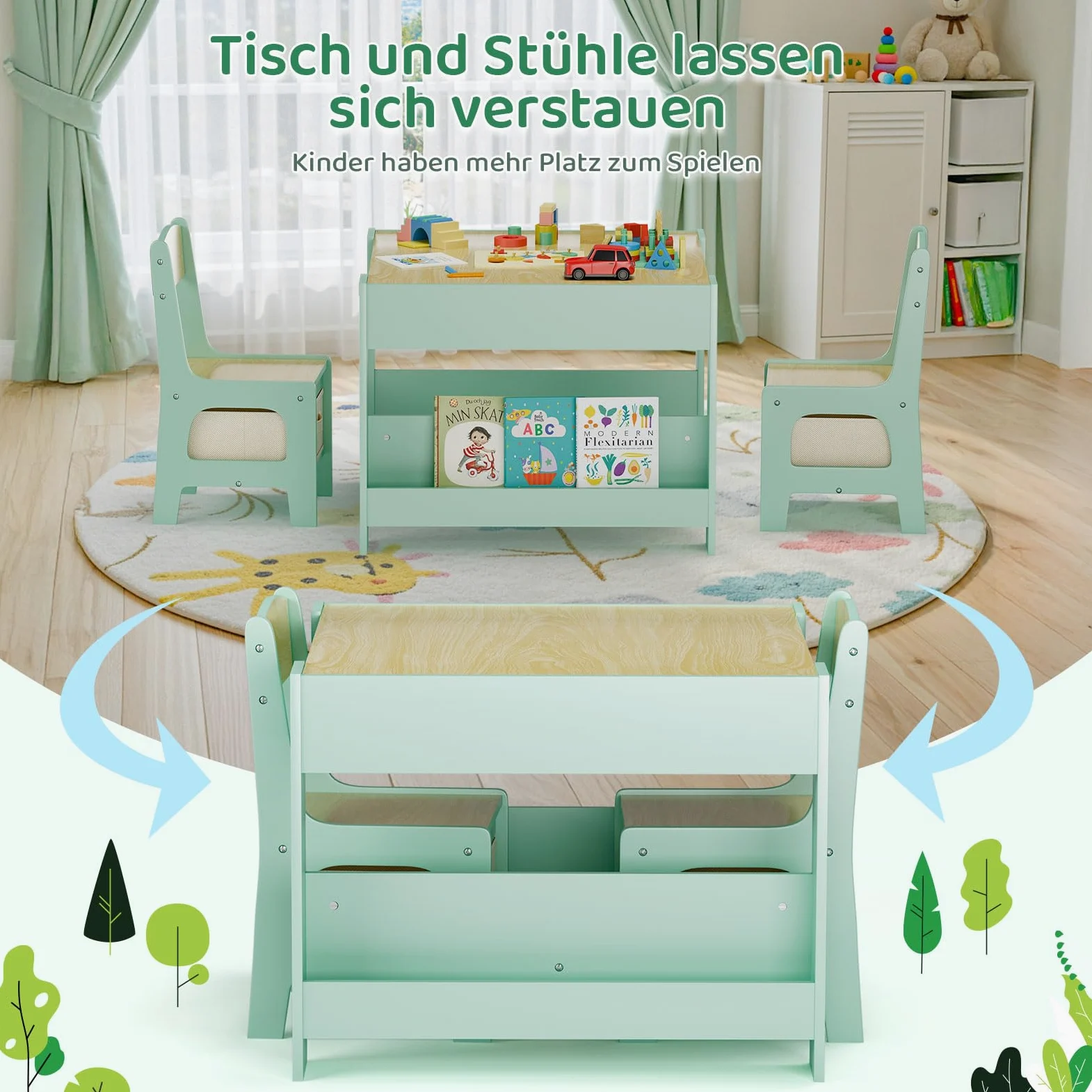 MAMIZO Tavolo per bambinicon 2 sedie, 3 in 1 Set tavolo e sedie, Mobili in legno per bambini con contenitori e librerie, Tavolo da gioco e attività, Tavolo da disegno, 3-7 ann (Verde)