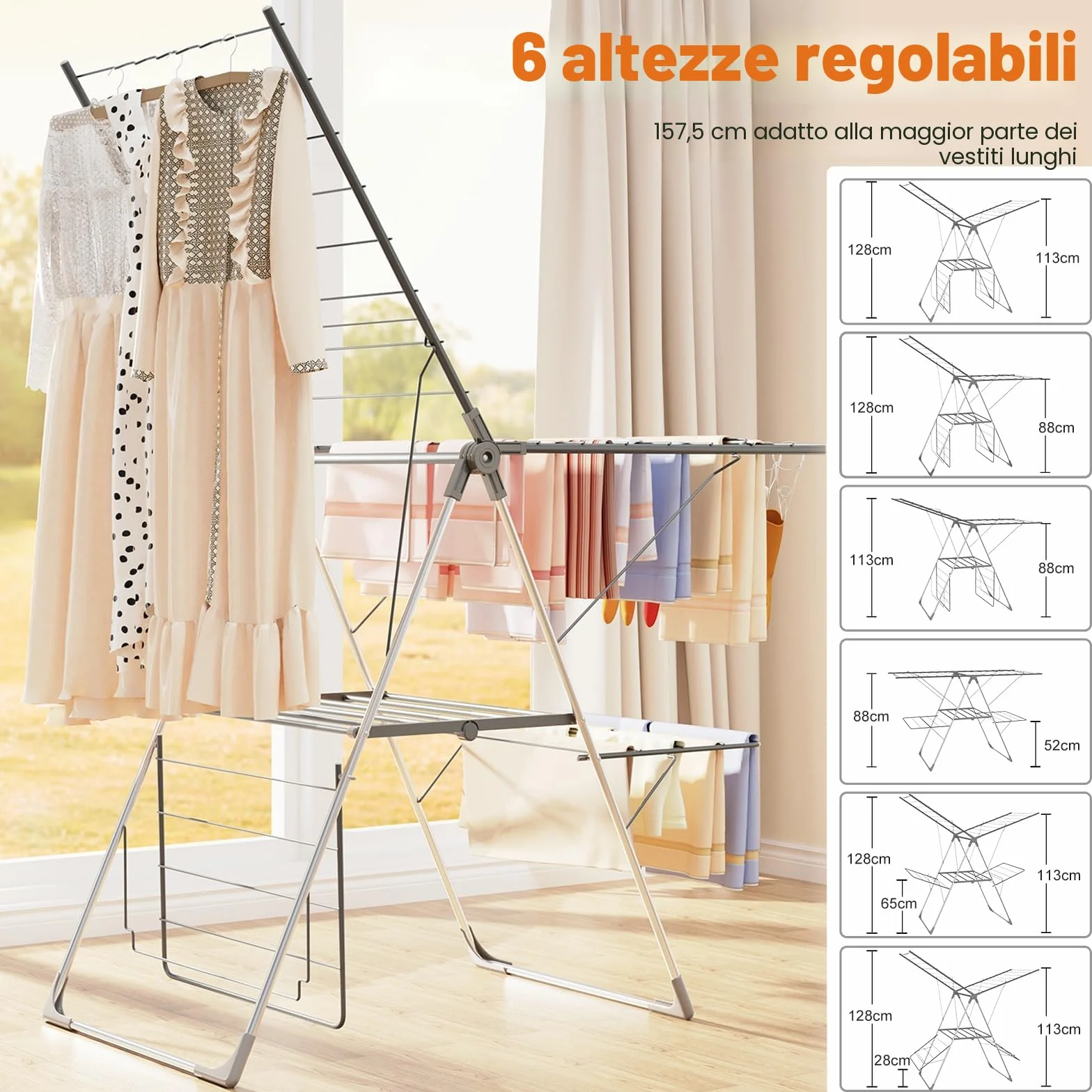 Innotic Stendibiancheria Pieghevole 33 Aste, Stendino Salvaspazio 2 Livelli, Stendino Verticale Regolabile Resistente, per Esterno Balcone Interno, Stendipanni con Accessori Richiudibile, Grigio