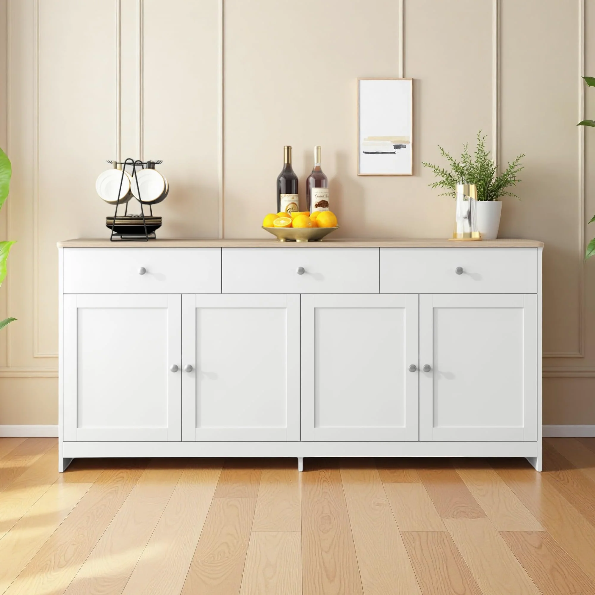 Credenza, cassettiera con 4 ante e 3 cassetti, credenza con ripiani regolabili, armadietto a buffet, per soggiorno, sala da pranzo, cucina, corridoio, natura e bianco (bianco, 160 x 37 x 75)