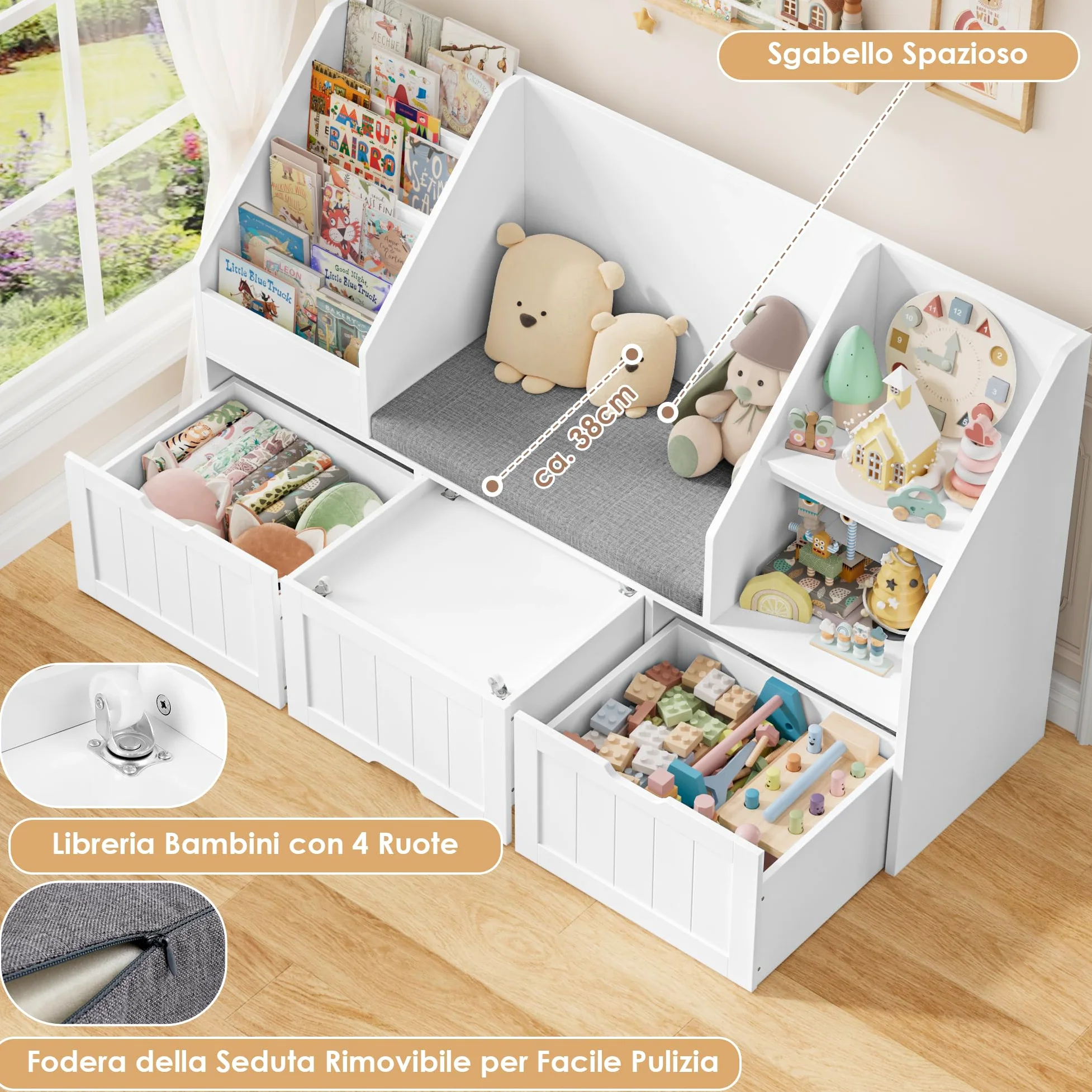 FOREHILL Libreria Montessoriana per Bambini, Porta Giochi Bambini con Cuscini, Libreria Panca a 4 Ripiani, Mobile Porta Giochi a 3 Cassetti con Ruote, per Cameretta, Studio, 140x39.5x80 cm (Bianco)