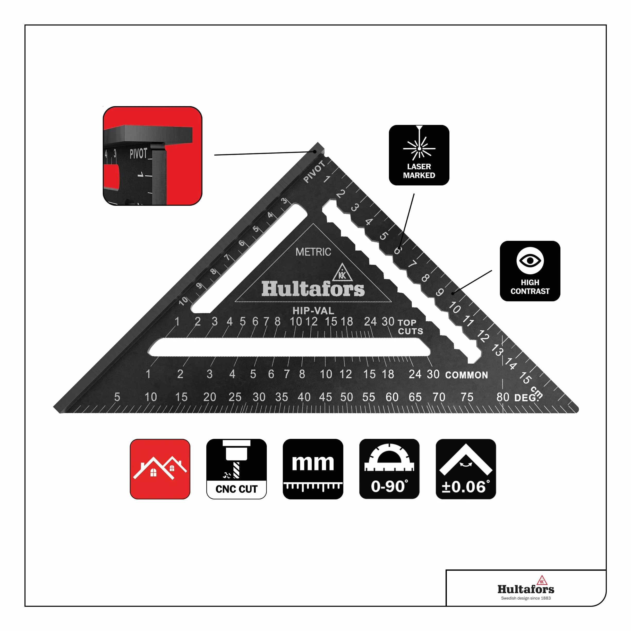 Squadra da carpentiere in alluminio Hultafors 5-in-1 180 mm fresata a CNC