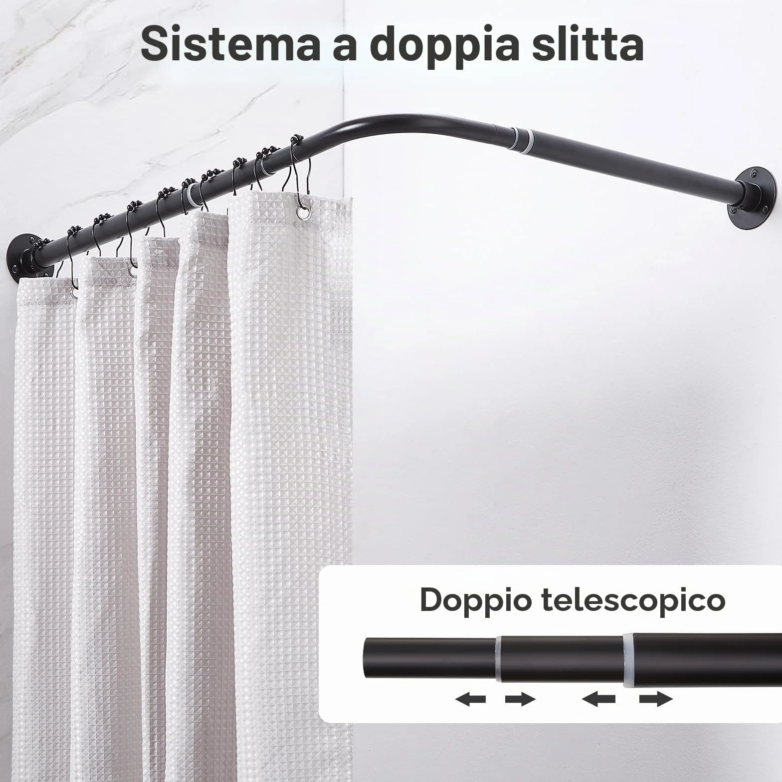 Bastone Tenda Doccia Angolare a L Regolabile 62-121cm x 62-121cm Nero Opaco