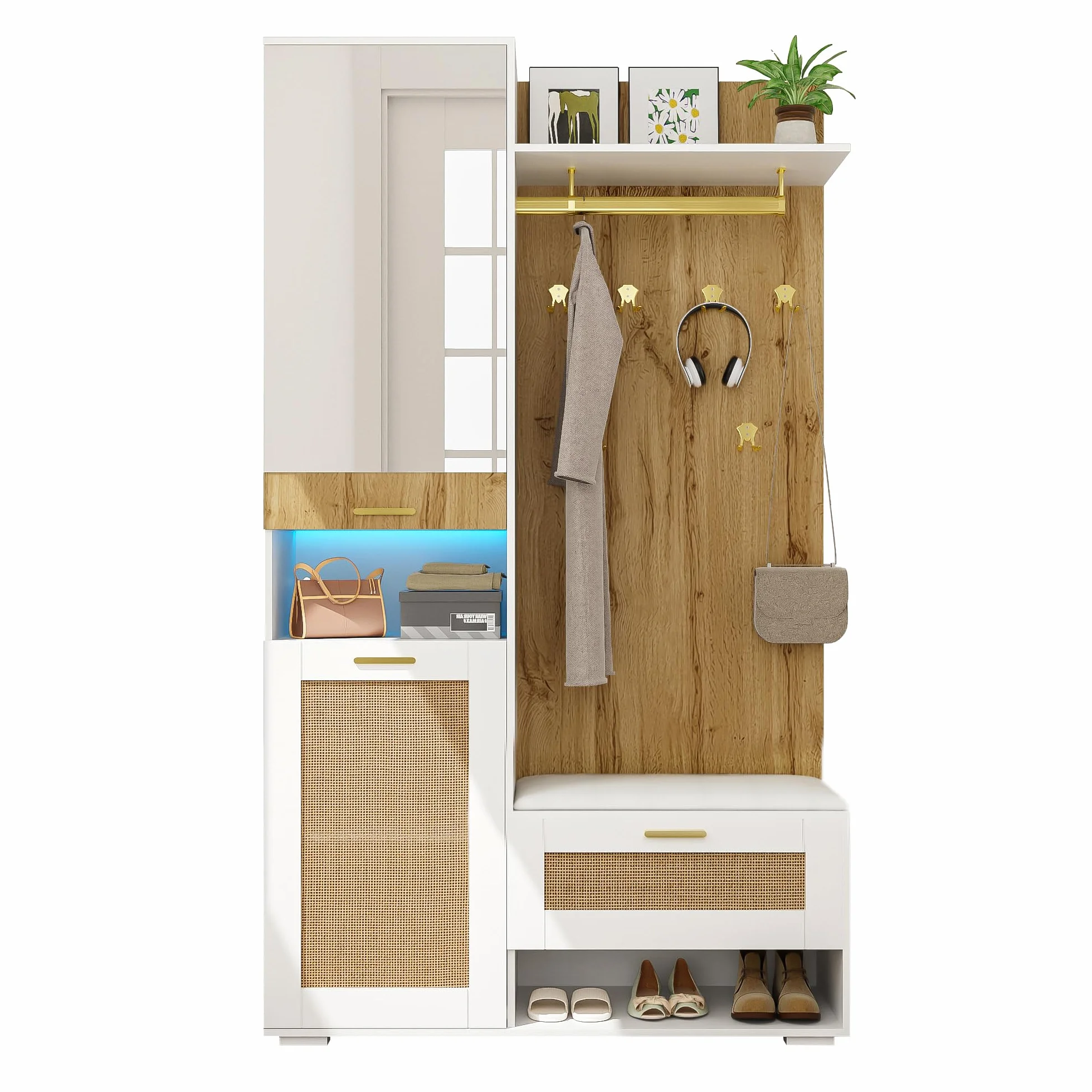 Moimhear Set appendiabiti, 110 x 38 x 190 cm, armadio con specchio, 5 ganci dorati, scarpiera, appendiabiti da parete, banco e illuminazione LED a 16 colori