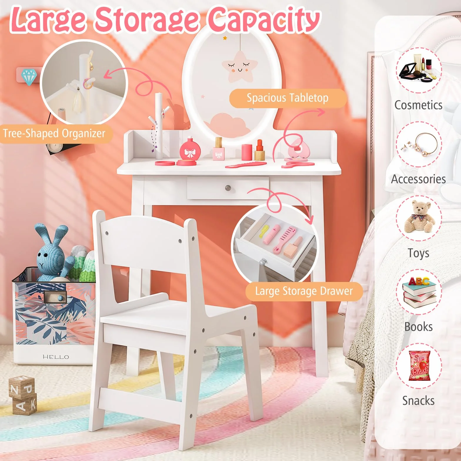 LIFEZEAL Toeletta per Bambini con Sedia e Specchio LED a 2 Colori, Tavolo da Trucco per Ragazze con Cassetto e Organizer a Forma di Albero, Set da Scrivania per Bambini dai 3 a 8 Anni