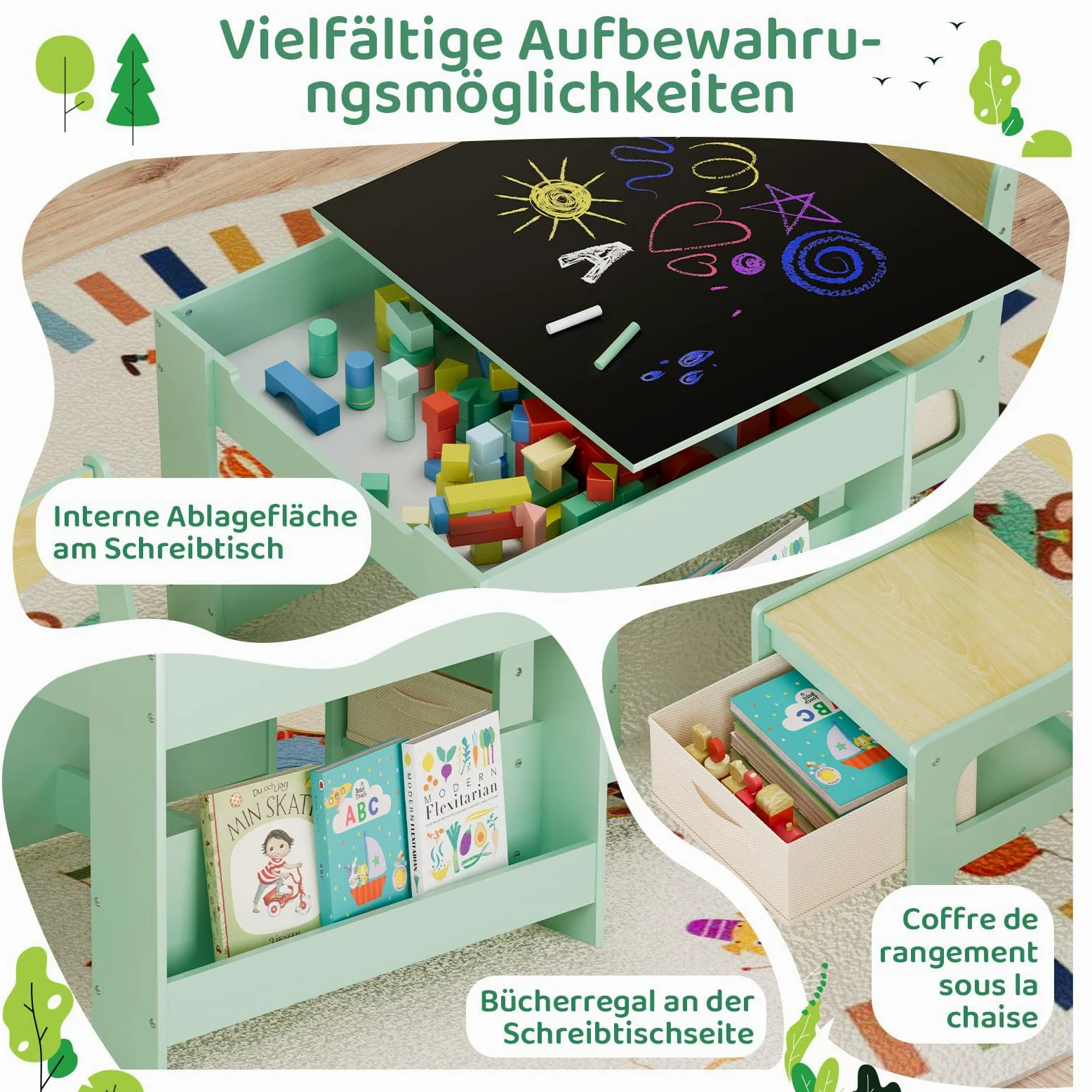 MAMIZO Tavolo per bambinicon 2 sedie, 3 in 1 Set tavolo e sedie, Mobili in legno per bambini con contenitori e librerie, Tavolo da gioco e attività, Tavolo da disegno, 3-7 ann (Verde)