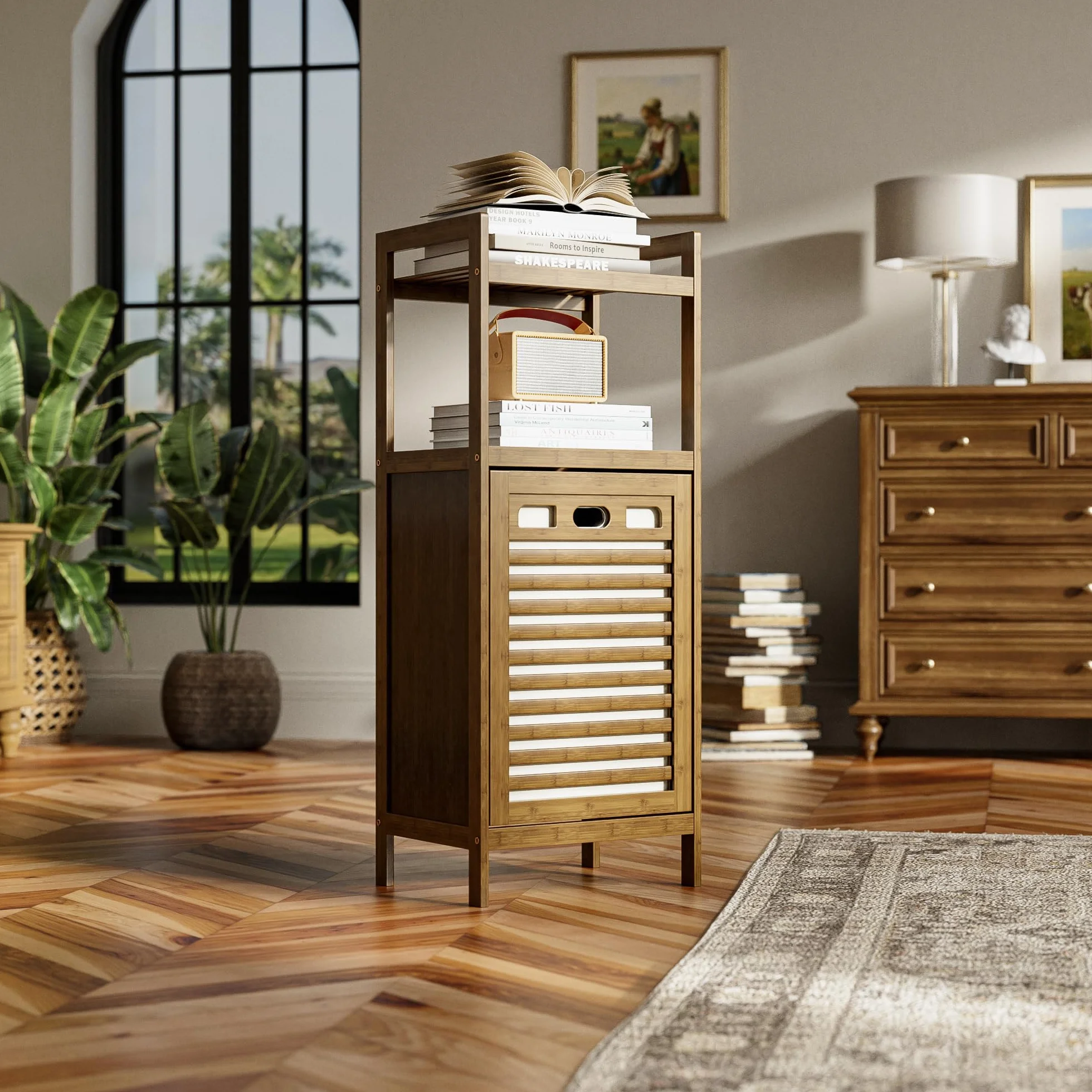 HITNET Mobile Bagno con Portabiancheria, Mobiletto Bagno da Terra in Bambù 2 Ripiani con 1 Cesto Portabiancheria, 40L Sacco Interno Rimovibile con Maniglie per Lavanderia e Camera da Letto, Noce