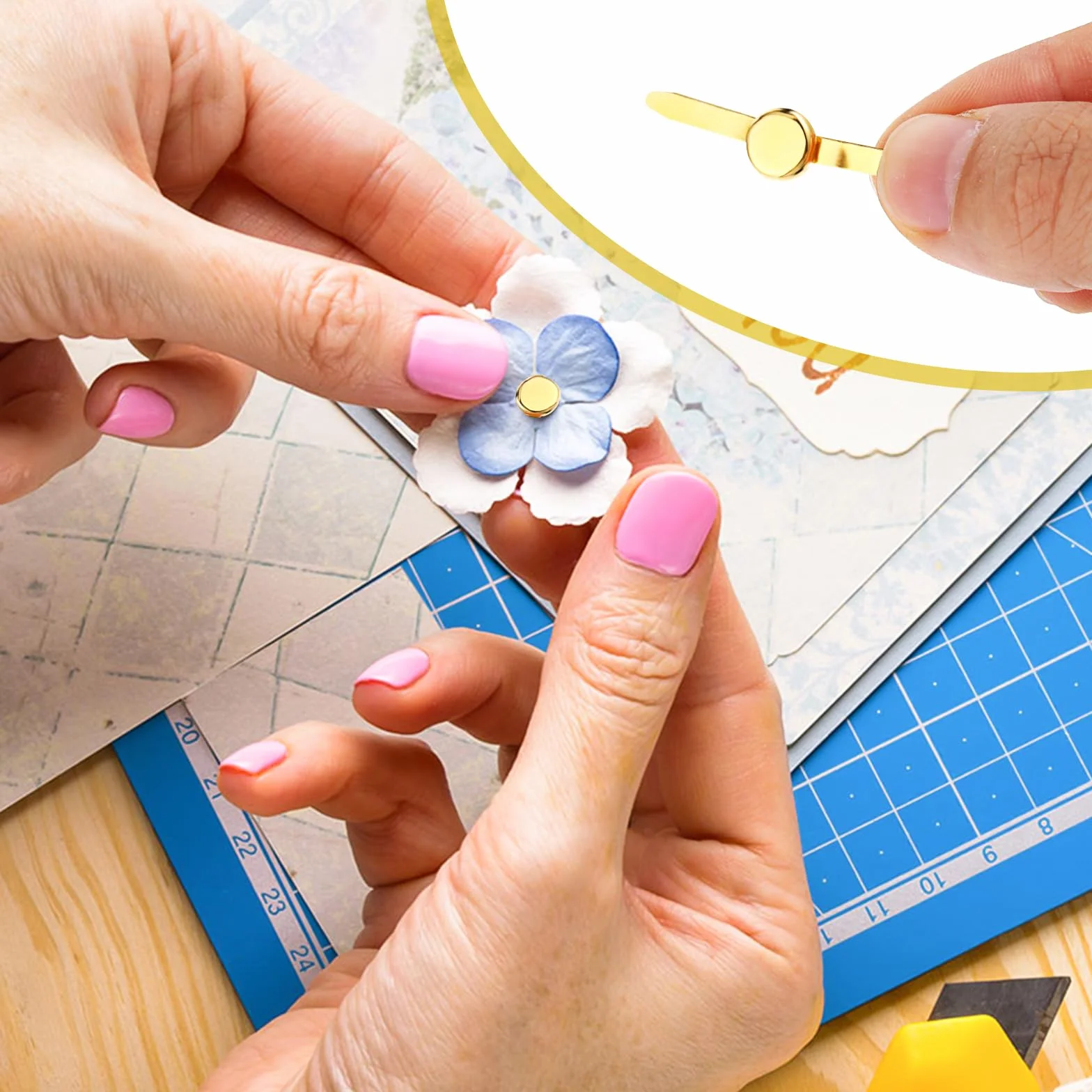 Ymapinc - 100 fermagli per carta, rotondi, in metallo, ottone, per lavori di carta, decorazioni, scrapbooking, fai da te, 8 x 18 mm (oro)