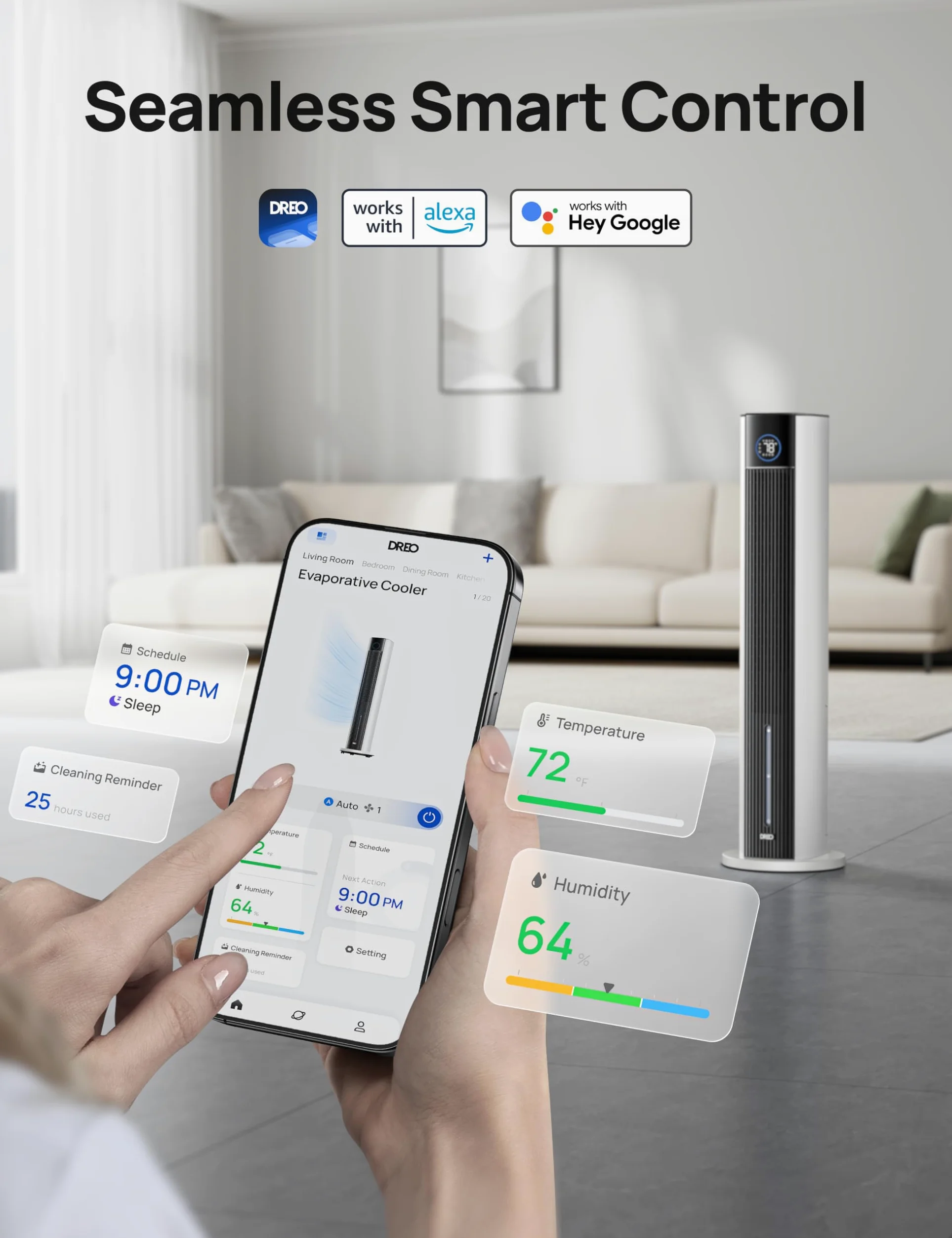 DREO Ventilatore a Torre con raffrescamento ad acqua, raffrescatore 110 cm, silenzioso, 4 velocità, 4 modalità, evaporativo, controllo app, ghiaccio incluso, oscillazione 80°, timer 12 h, bianco