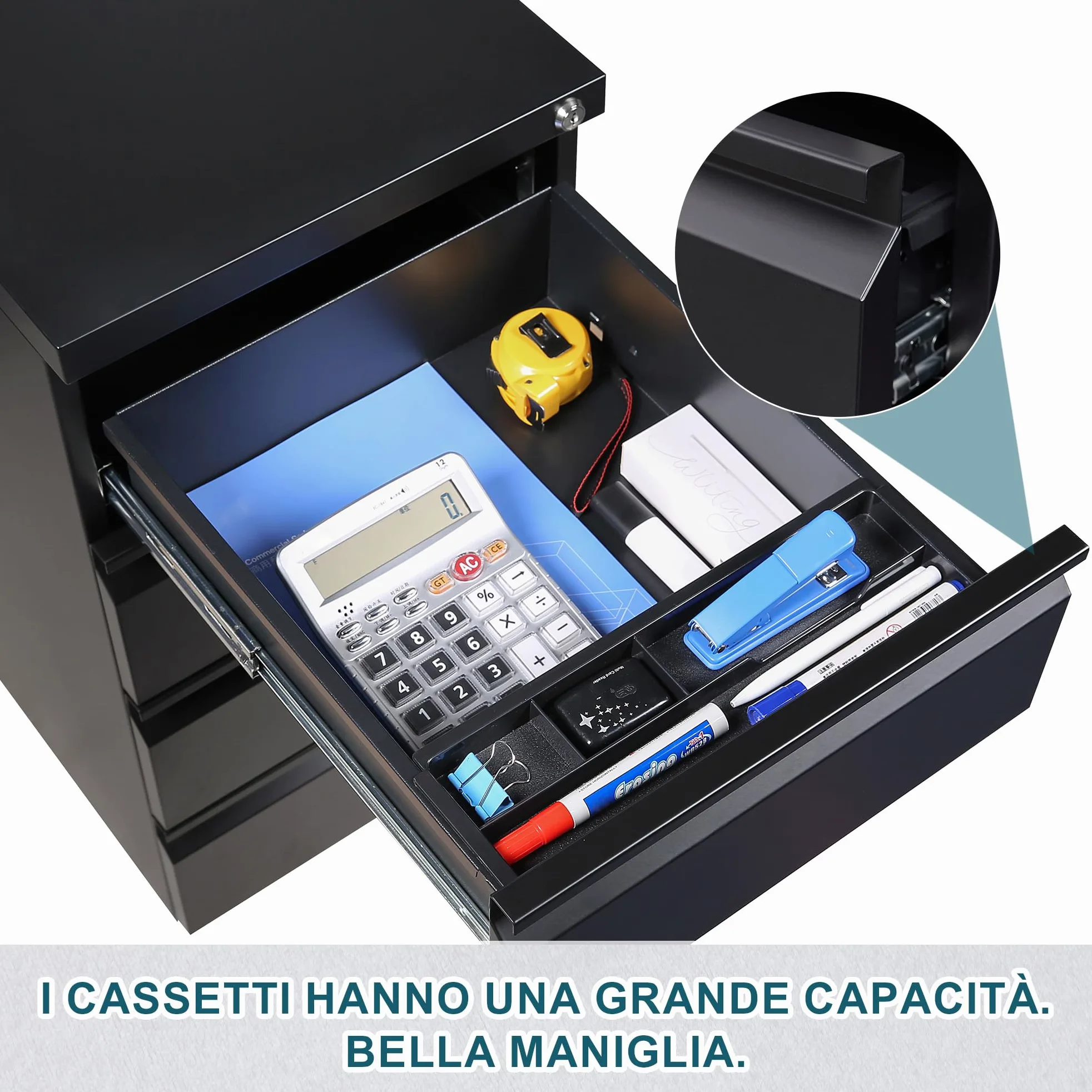 Cassettiera 4 Cassetti, Cassettiera Scrivania con Ruote, Armadietti in Metallo, Mobili Ufficio, Con 4 Chiavi e Serratura, Completamente Assemblato, Ufficio, Studio
