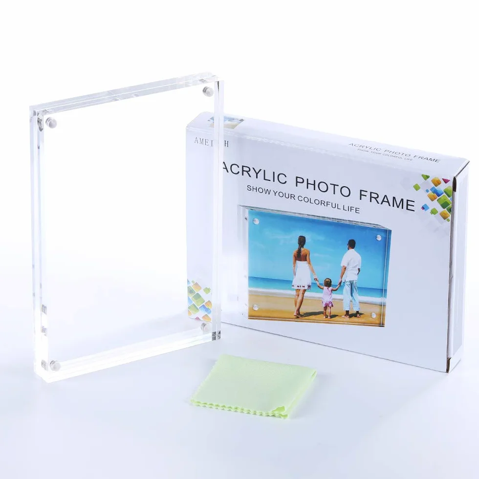 AMEITECH 13x18 cm Cornice Acrilica Foto, Cornici Magnetiche, 10 + 10MM Spessore Stand in Scrivania o Tavola, Chiaro