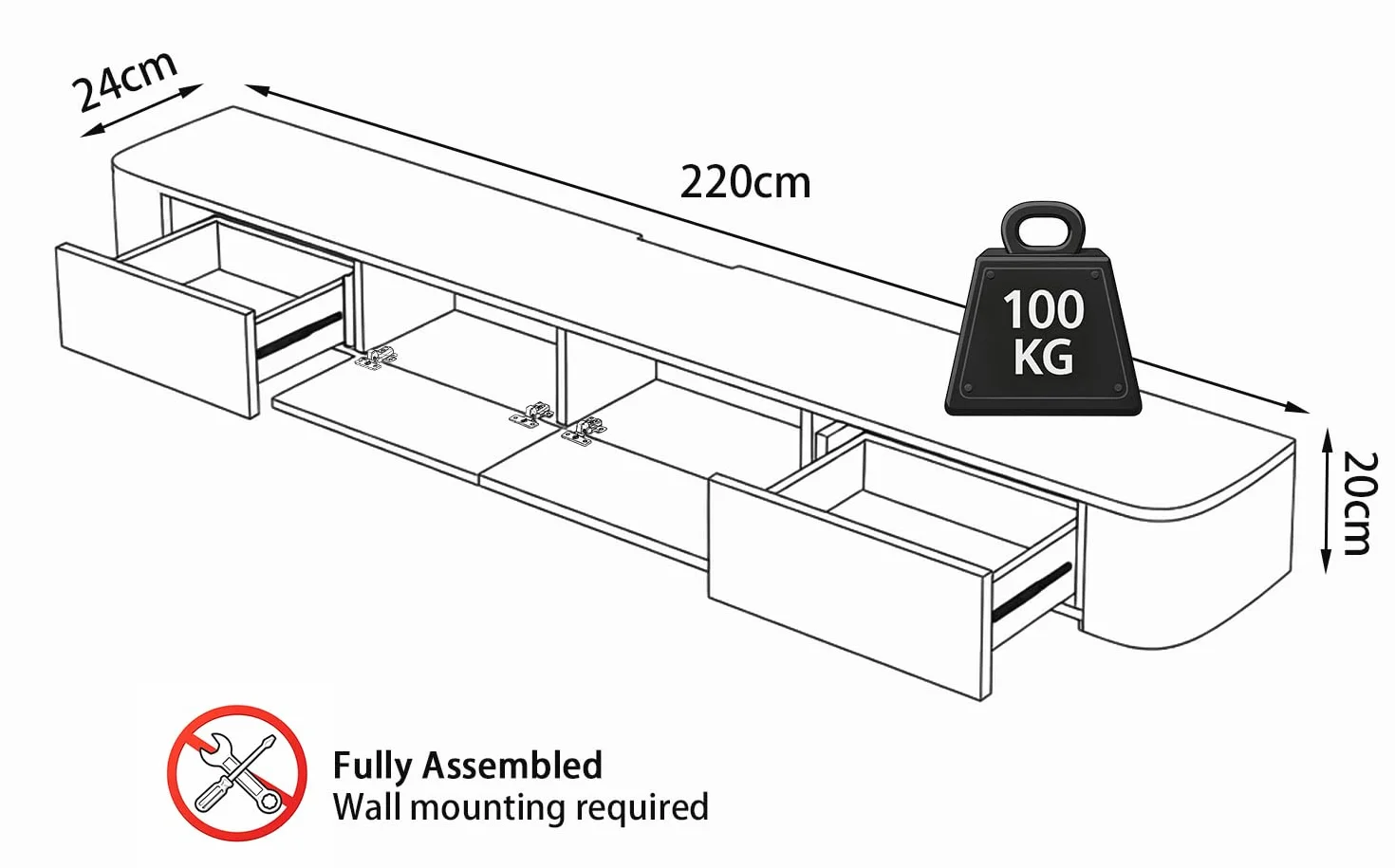 Mobile TV Sospeso Moderna | Consolle Multimediale da Parete | Grande Mobile TV con Spazio di Archiviazione per Soggiorno e Ufficio (kaki, 220cm)