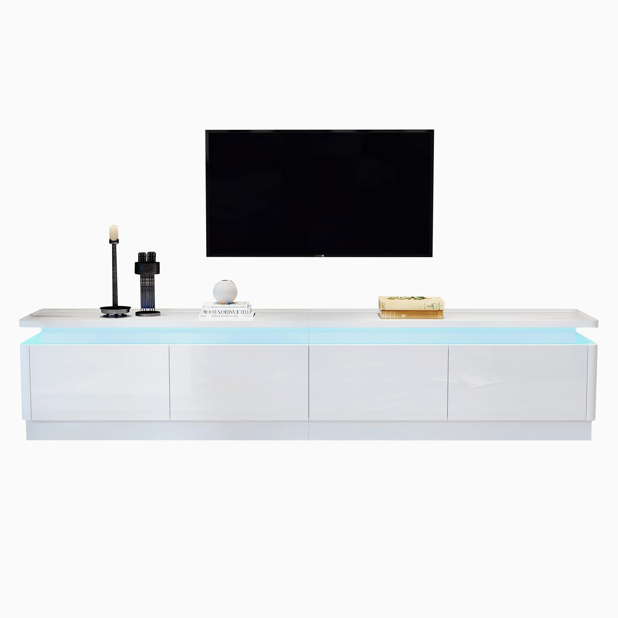 Armadio per TV con 4 cassetti, 180 x 34 x 40 cm, con LED, lucido e tavolo per TV, adatto per TV da 80 pollici (bianco)