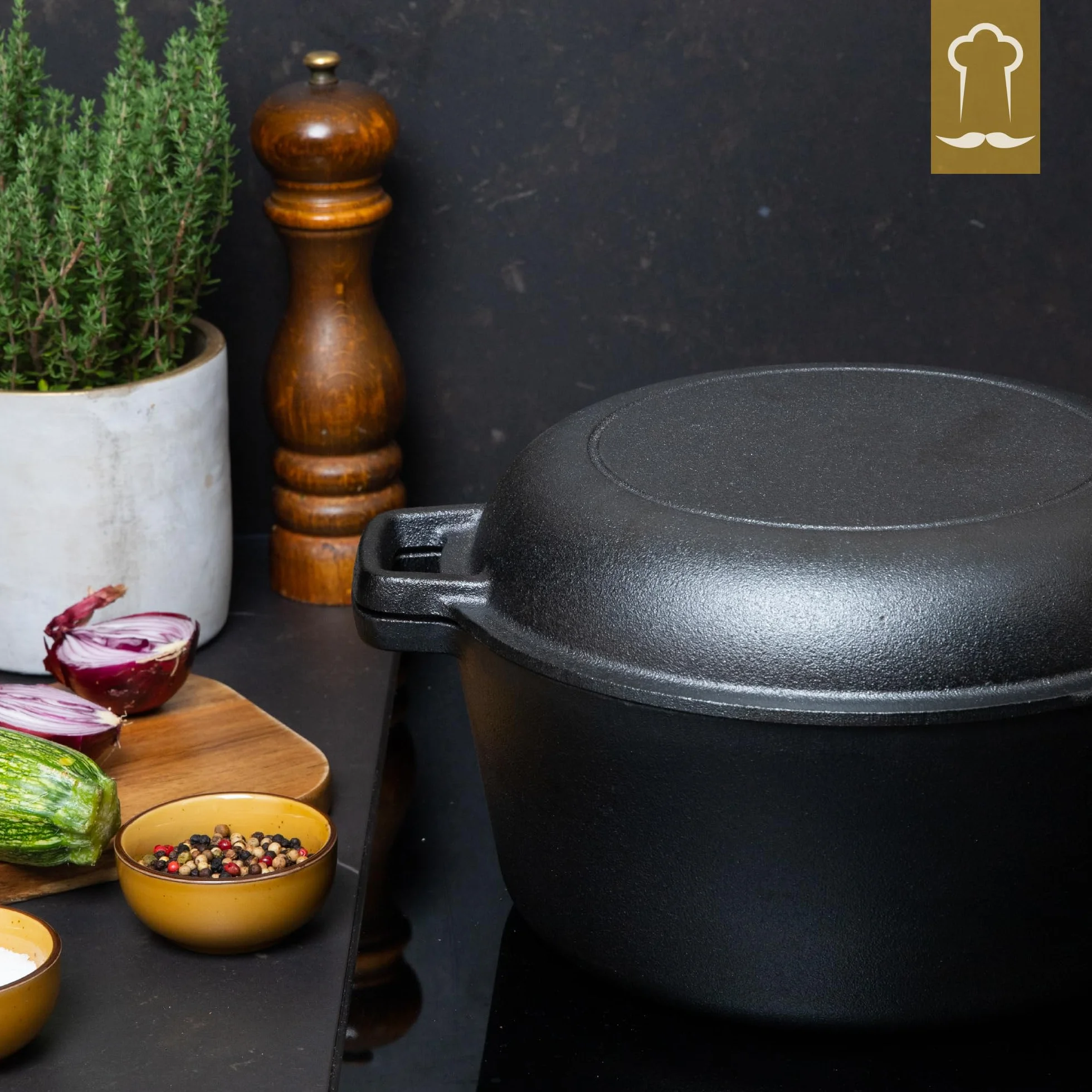 Chefarone Pentola in Ghisa 26 cm 4,6 l con Cestino per Lievitazione e Spatola – Pentola per Pane con Coperchio, Induzione e Forno – Multiuso per Cuocere, Arrostire, Brasare
