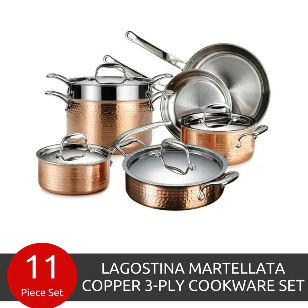 Lagostina Martellata - Set di pentole e padelle in rame martellato, 11 pezzi, colore: rame