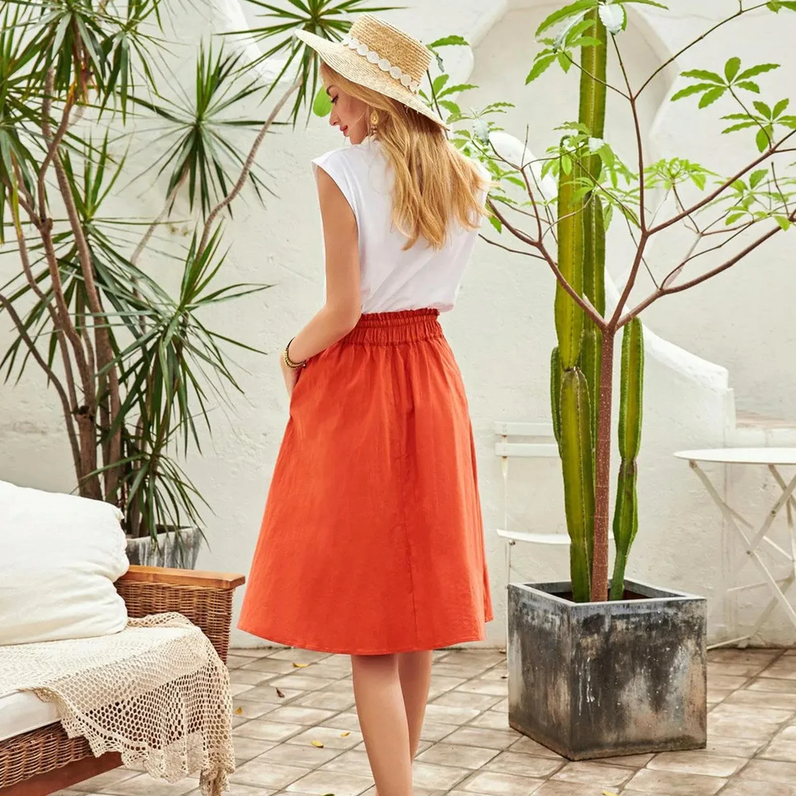 Gonna Longuette di Lino Casual Donna a Pieghe con Cravatta a Punto Smock e Tasche Vita Alta