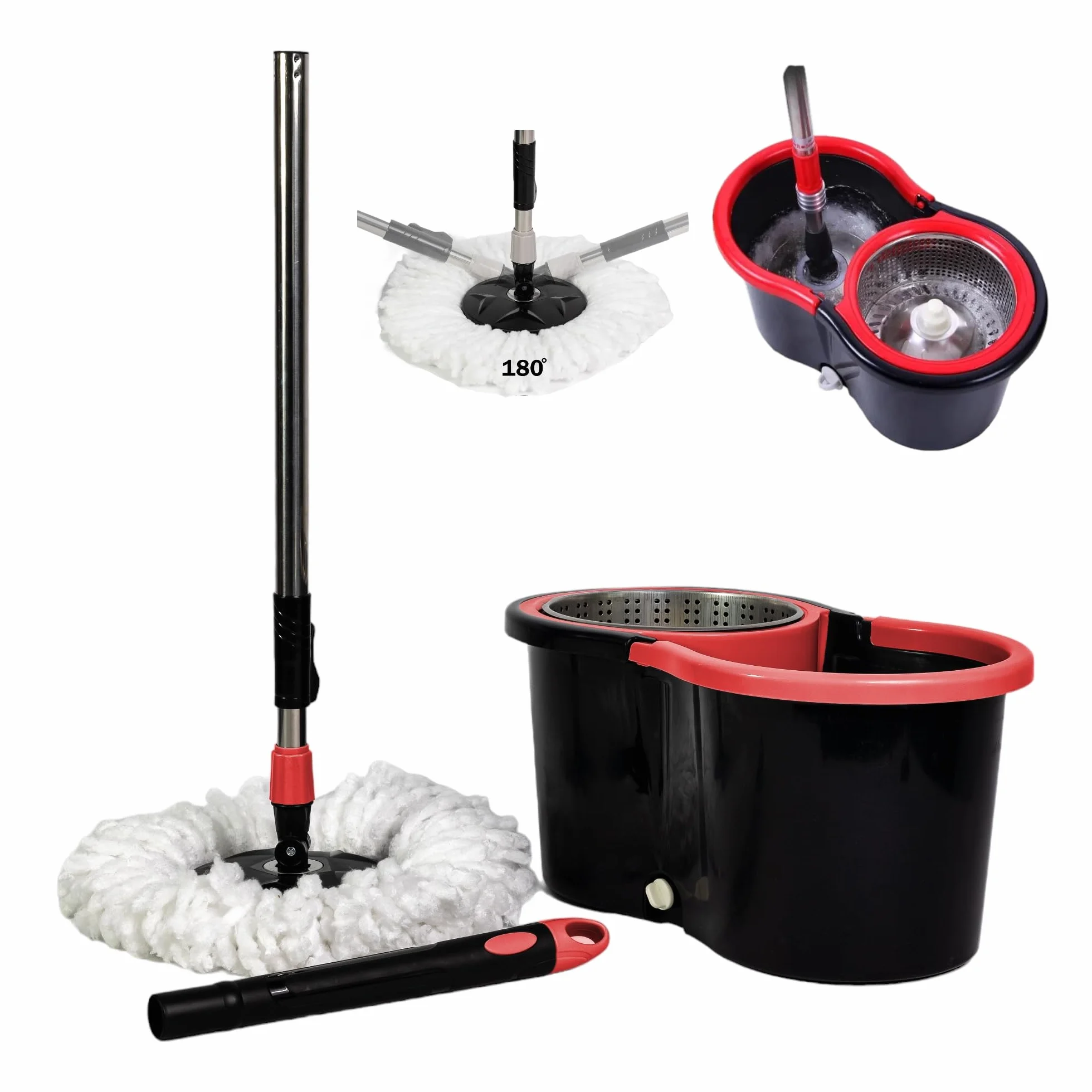 Meridiana - Spin mop Lavapavimenti Con Sistema di Strizzatura Manuale attivabile attraverso il Manico, Set per la Pulizia dei Pavimenti con Secchio e Cestello in ACCIAIO INOX, Panno 100% Microfibra