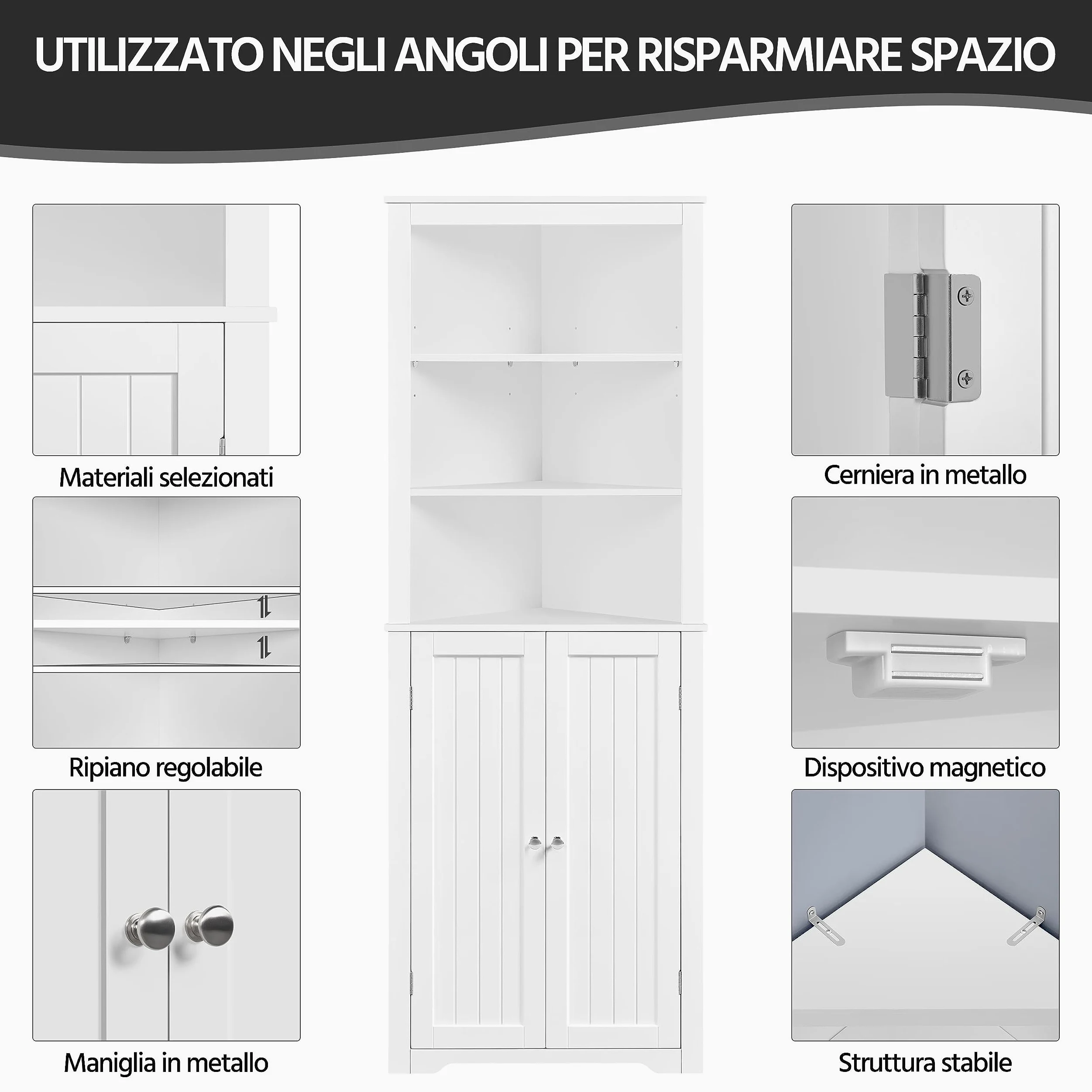 Yaheetech Mobile da Bagno Armadietto a Colonna Alto d'Angolo 163 x 60 x 43 cm Mobiletto Cucina Autoportante con 3 Ripiani Aperti in Legno Armadio Triangolo Moderno Multiuso da Terra Bianco