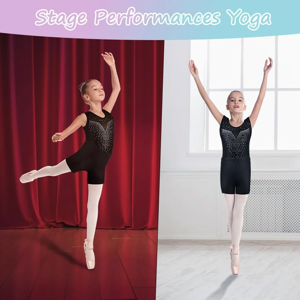 AOOWU Set Ginnastica 3 Pezzi, Leotard Y-Neck Pantaloncini, Danza Gradient Colour Sparkle