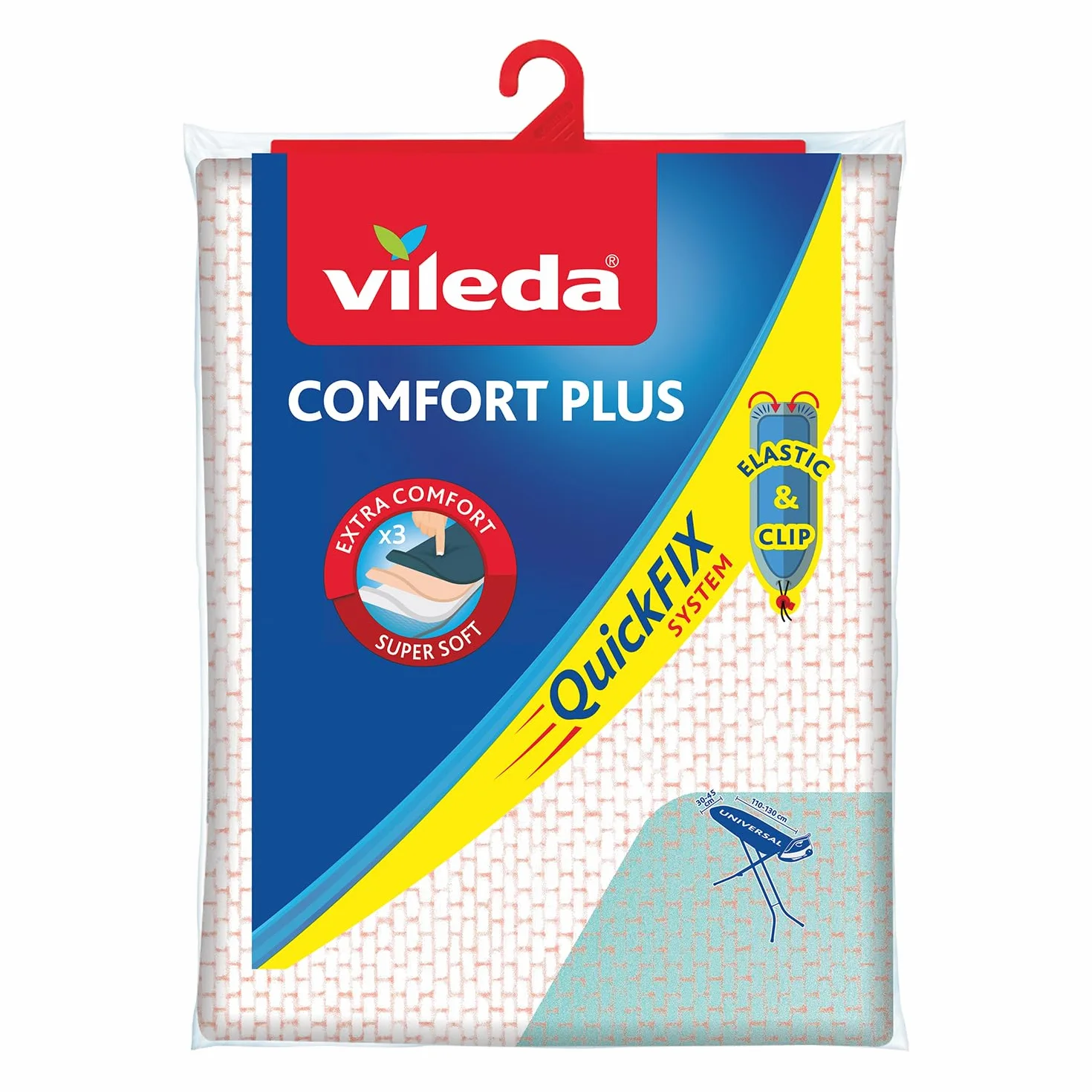 Vileda Comfort Plus Copriasse da Stiro Universale, Triplo Strato, in Cotone, Extra Comfort, con Fermacorda, Verde/Rosa, 139 X 50 X 0.37 Cm