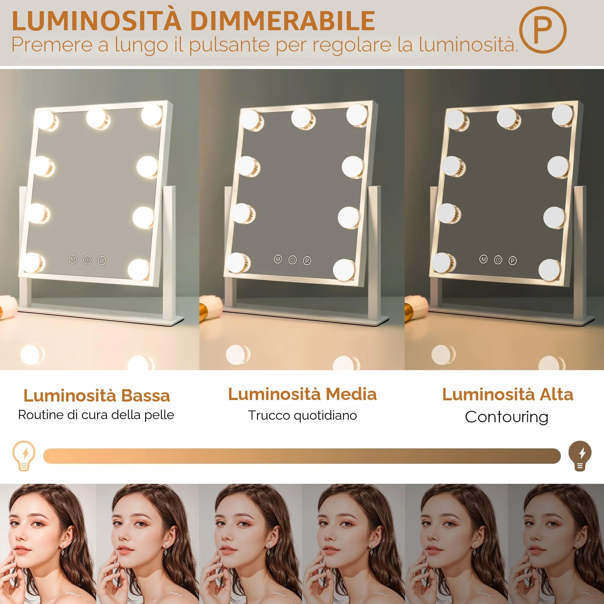 LuxeVue Hollywood Specchio da trucco con luci, specchio illuminato con luce a 3 colori e 9 lampadine a LED dimmerabili, schermo touch intelligente e rotazione di 360 gradi
