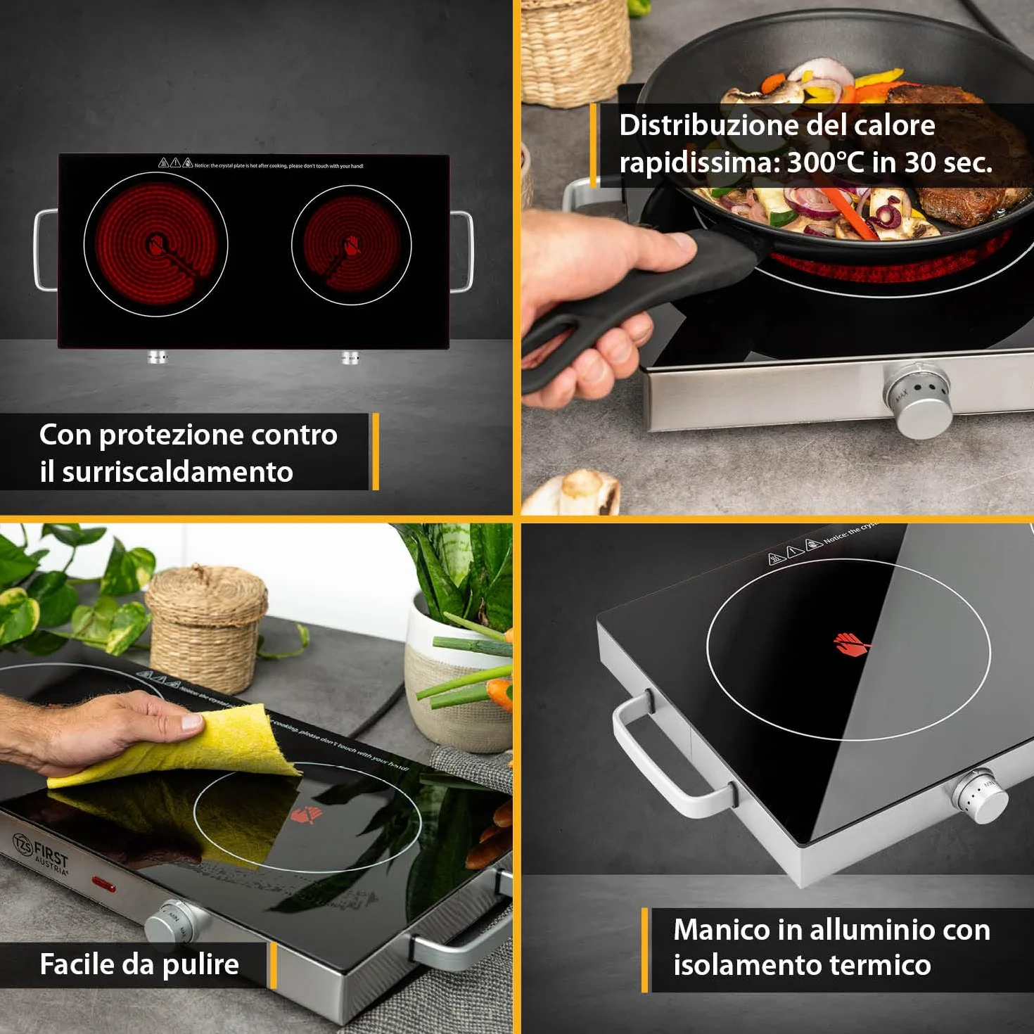 First Austria Piastra di cottura doppia infrarossi vetroceramica 2800W Mini Fornello elettrico