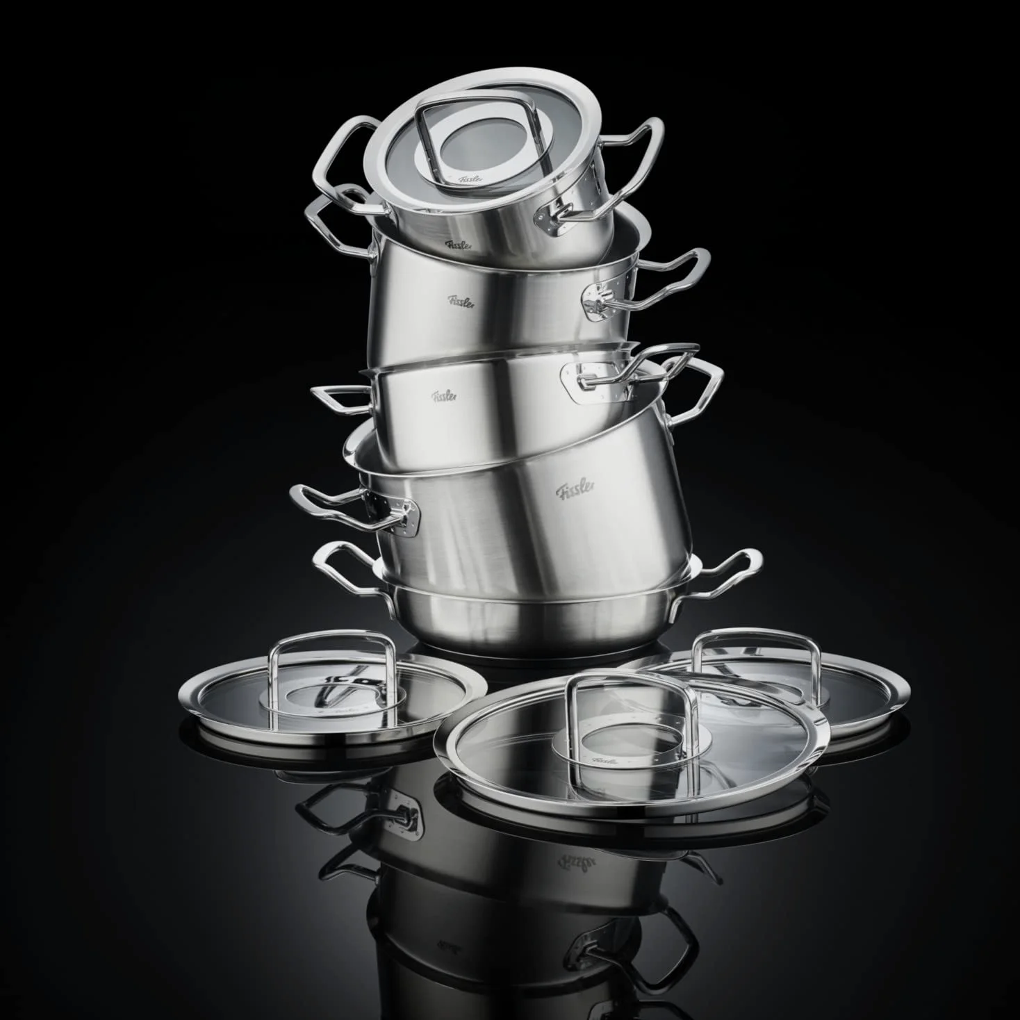 Fissler Original,Profi Collection Set di pentole in acciaio inox, 5 pezzi, pentole con coperchio in vetro 3 pentole, 1 padella e 1 padella da portata , induzione