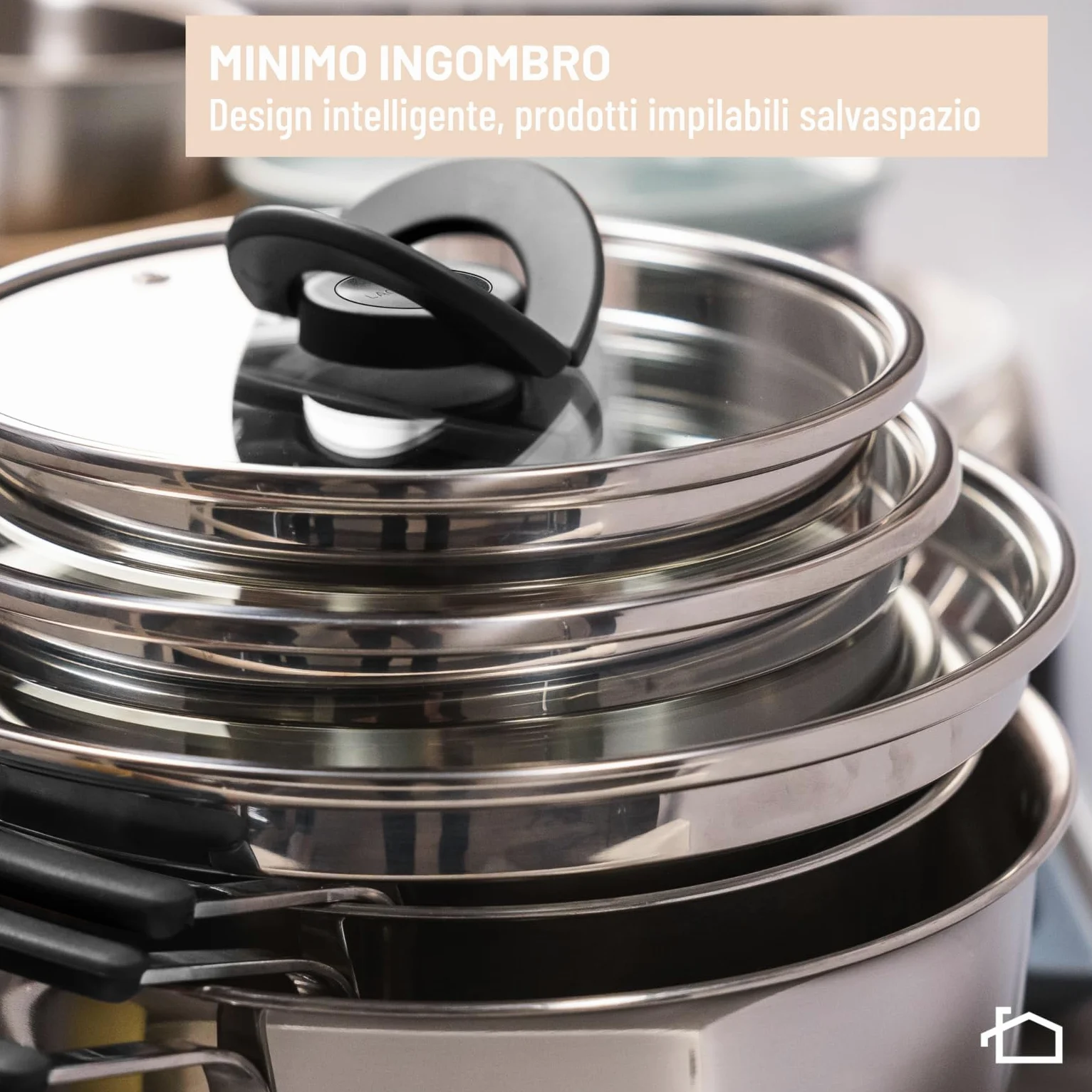 Lagostina Optispace, Set 8 Pentole, Padelle e Coperchi, Impilabili e Salvaspazio, Pentole in Acciaio Inox 18/10, Padelle Antiaderenti, Con Manici in Silicone