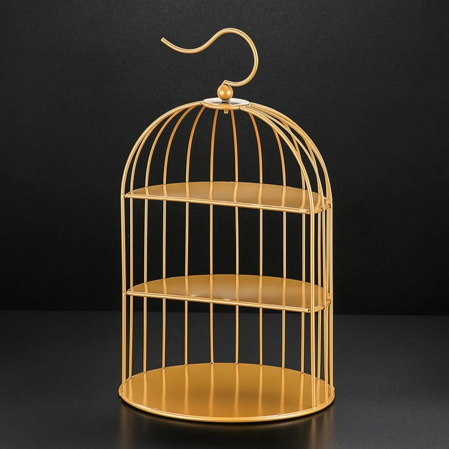Alzata per Dolci Portatorta Vassoio Espositore in Acciaio Inox a Tre Ripiani Stile Gabbia con Manico Ad Arco Struttura , Nero , Stile Europeo, Design A Gabbia Per Uccelli A Tre Livelli