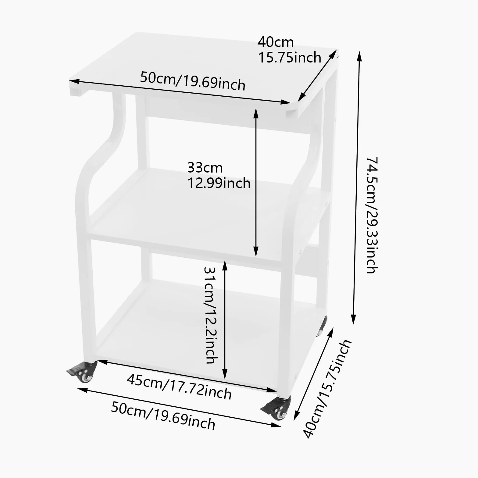 Tavolo per stampante a 3 livelli con ruote universali, 50 x 40 x 74,5 cm, in metallo, oltre 80 kg, per uffici domestici, uffici aziendali, sale di studio, spazi di stampa