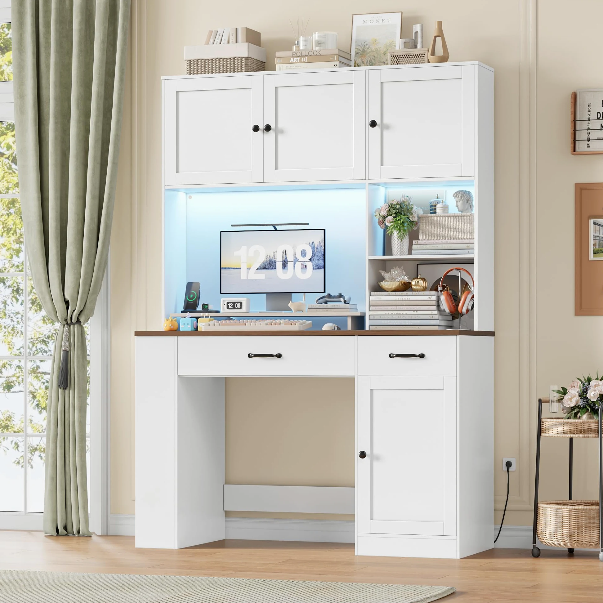 FirFurd 180cm Scrivania con Cassetti, Scrivania Gaming con Luci a LED e Prese, Scrivanie con 3 Ante, con Libreria a 2 Ripiani, Ripiani Regolabile, per Studio, Ufficio, Cameretta, 120x50x180cm, Bianco