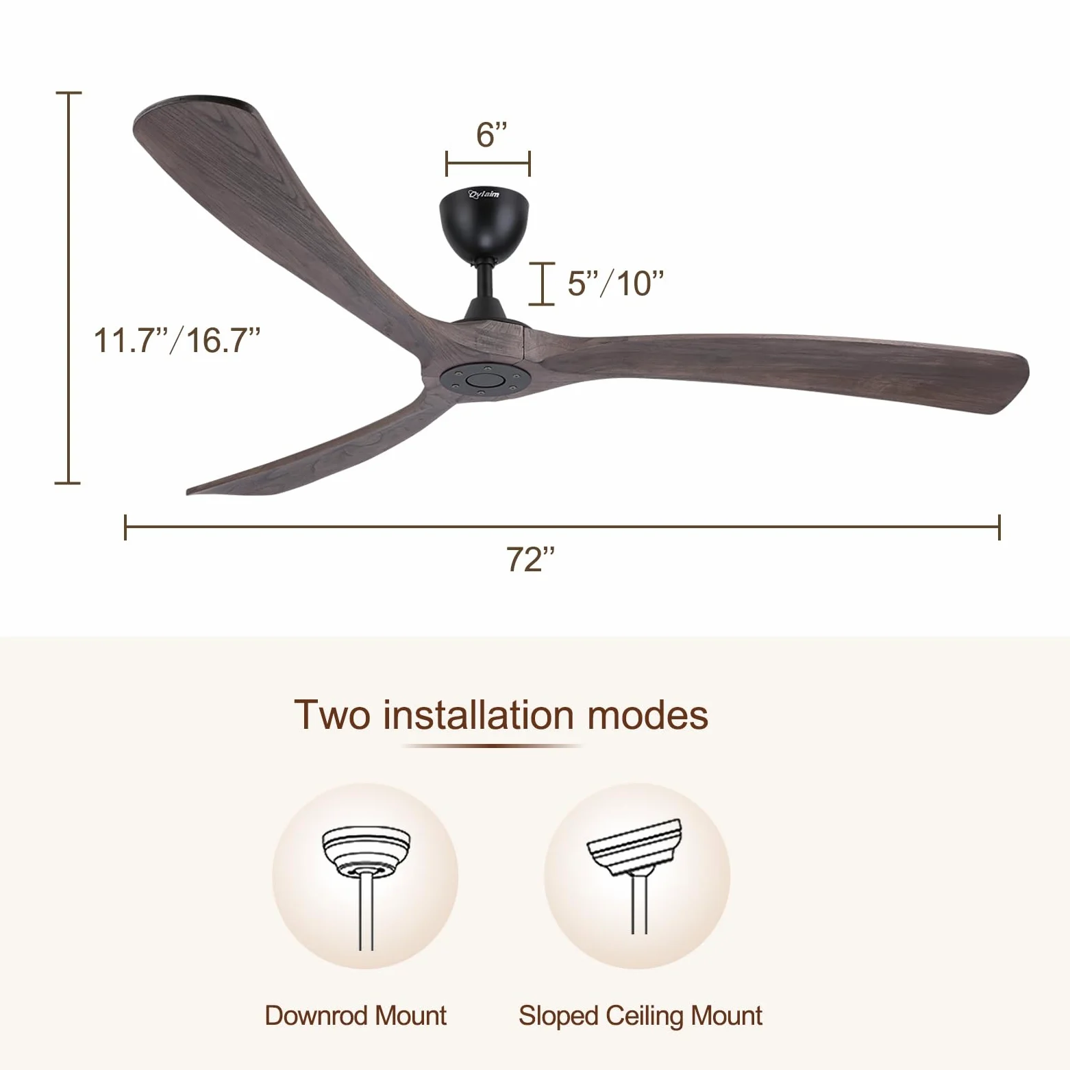 Ovlaim Ventilatore da soffitto con telecomando ali in legno, 6 velocità, IP44 impermeabile per esterno balcone, a risparmio energetico, motore DC super silenzioso, 183 cm, marrone e nero