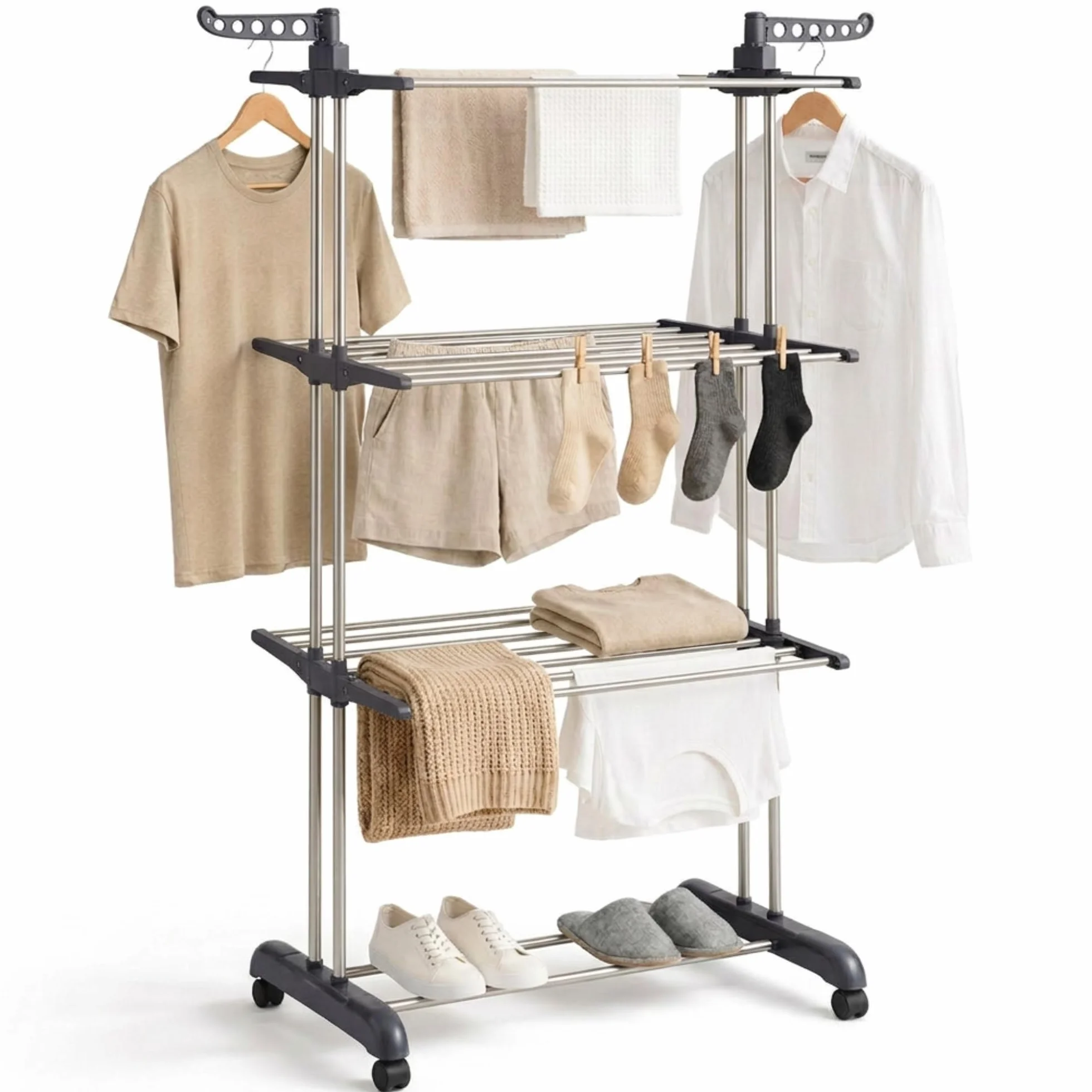 edihome, Stendino Verticale, Stendibiancheria Pieghevole 4 Livelli Con Ali Laterali, 35 Kg Acciaio Inox Con Ruote Salvaspazio Per Interno Ed Esterno (Grigio)