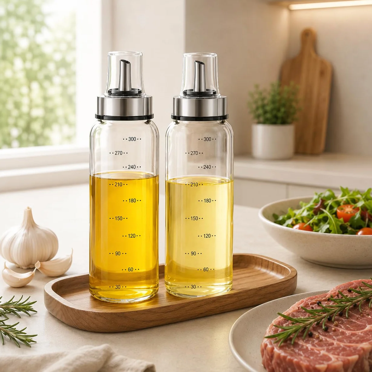 MHTECH Bottiglia per olio e aceto , corpo della bottiglia in vetro con scala, uscita dell'olio con funzione di apertura e chiusura automatica (300ml-zhizui)