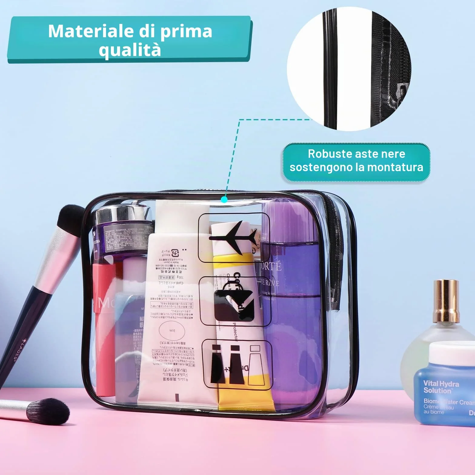 Oderra Borse da Valigia Trasparente, TSA Borsa Viaggio per il Trasporto di liquidi, Beauty Case Impermeabile per Cosmetici, Donna/Uomo