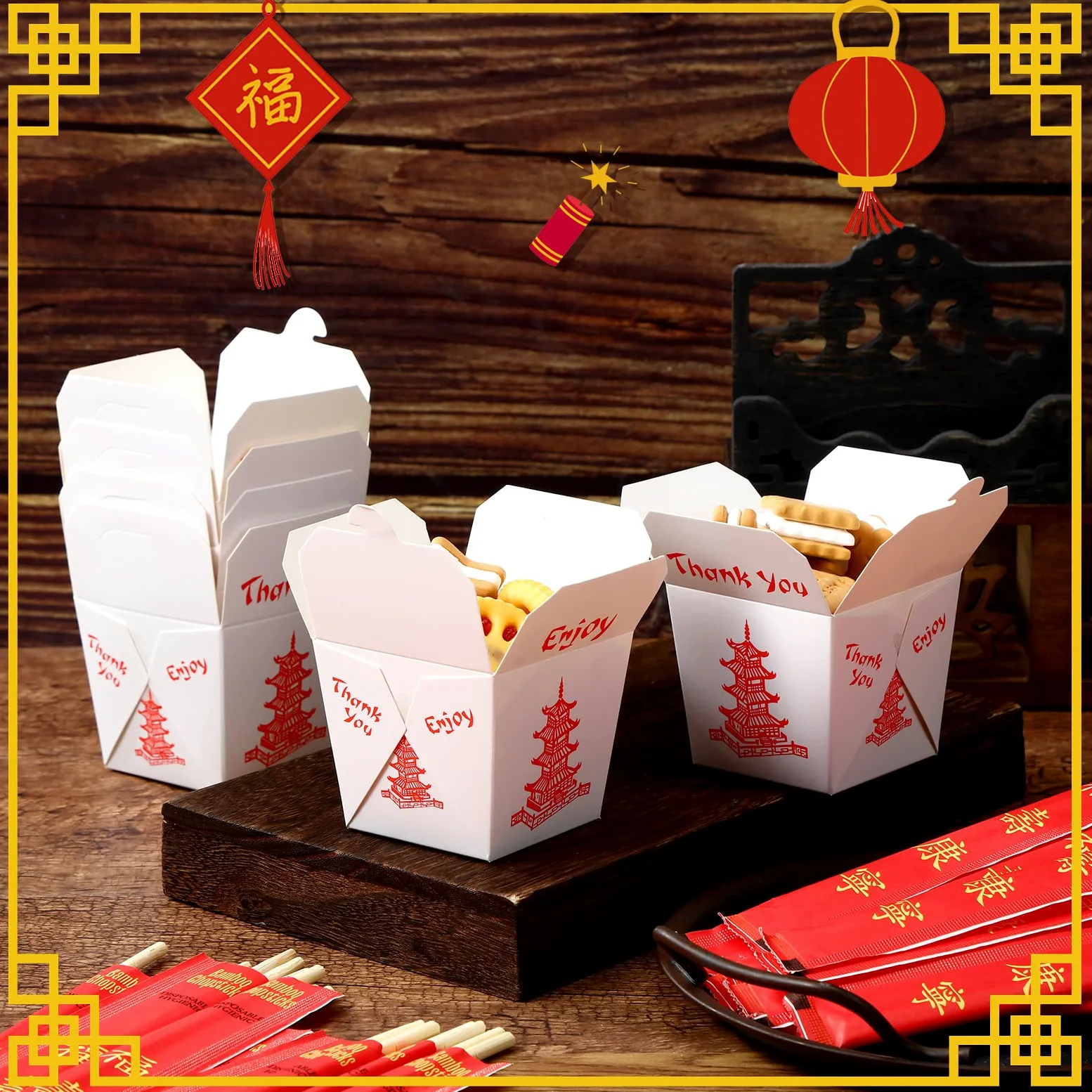 Scatole cinesi da asporto con bacchette, contenitori per alimenti in carta pagoda con maniche e bacchette usa e getta separate, per decorazioni per feste asiatiche, bomboniere, compleanni, matrimoni,