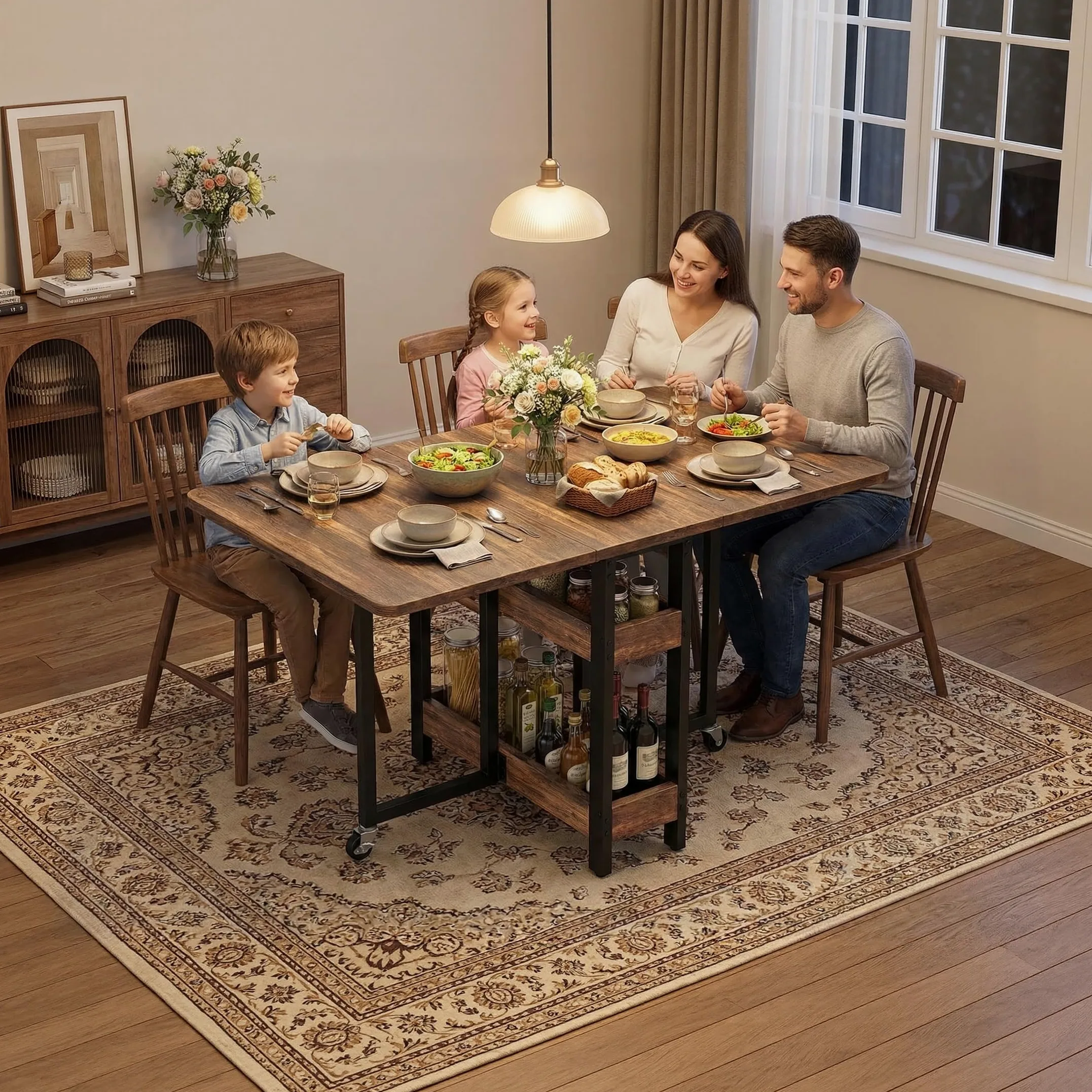 Clevich Tavolo da pranzo pieghevole mobile con 2 ripiani, per 4-6 persone, ideale per spazi ridotti, ingombro da chiuso: solo 0,218 m³, per cucina e casa, 133x80x75 cm, legno di tigre.