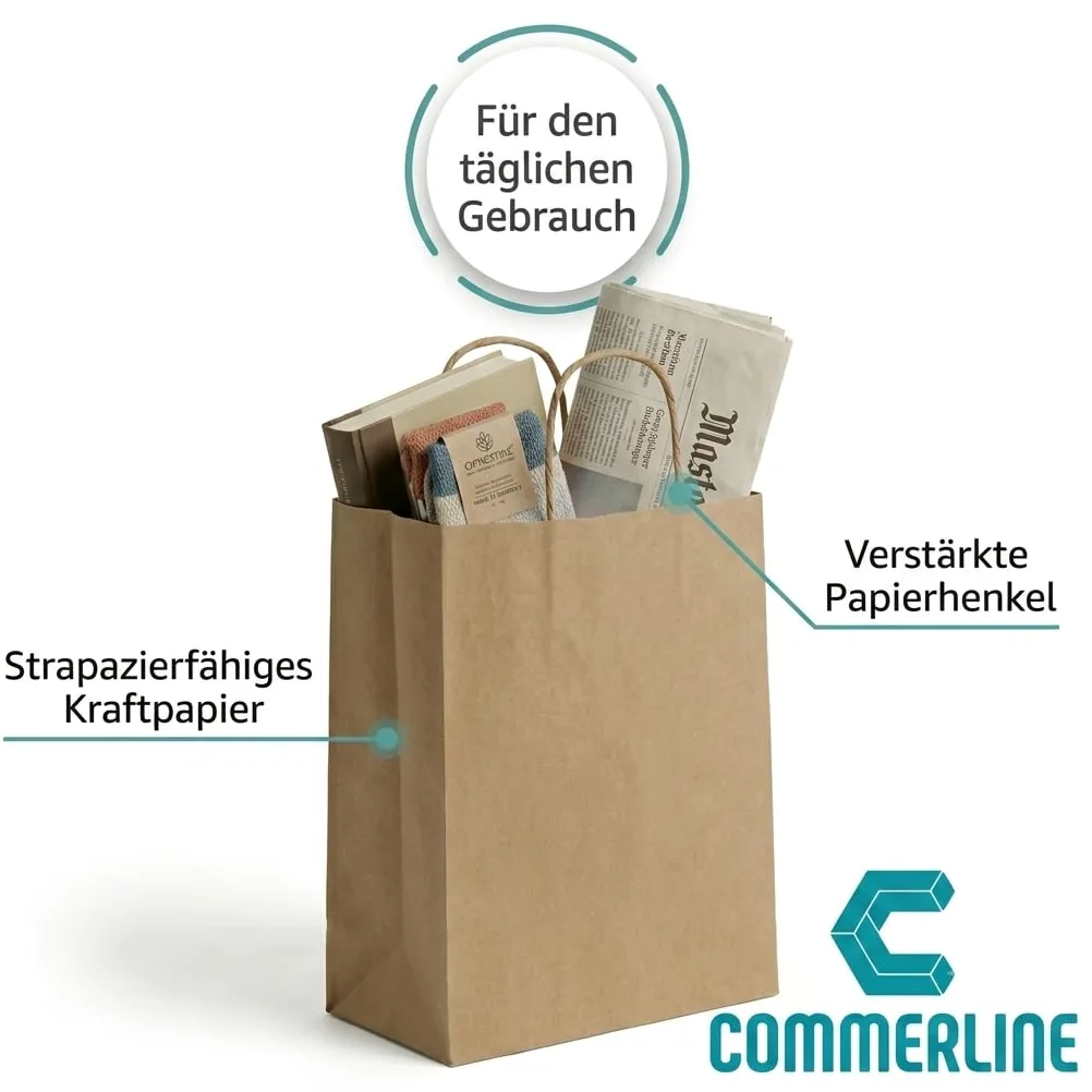 Commerline 100 pezzi Sacchetti di carta marrone con manico, 35+14x36 cm Sacchetti di carta kraft con maniglia in corda, sacchetti di carta per la spesa e il confezionamento, sacchetti regalo per feste