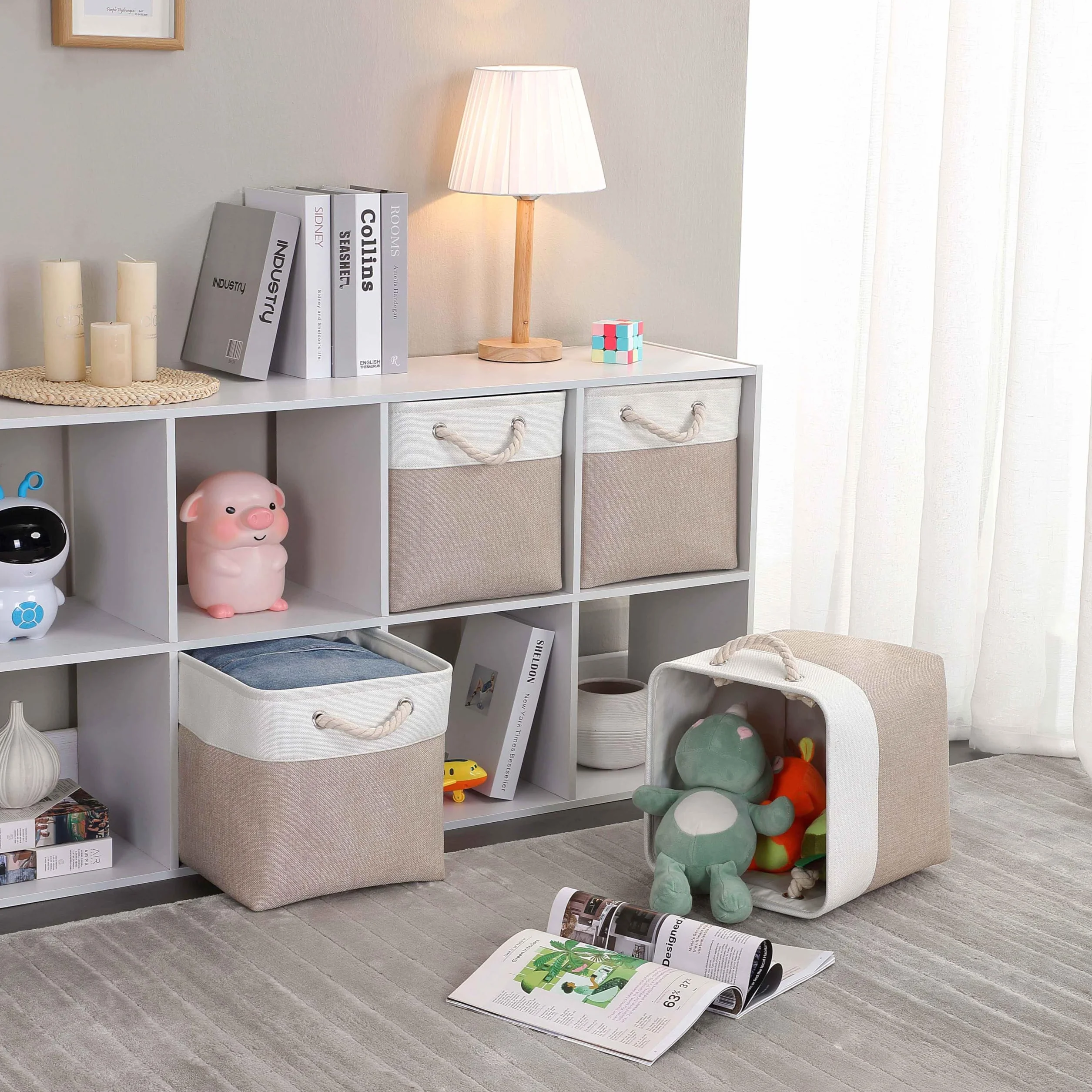 Mangata Set di 4 Scatole per Armadio Cesto Portaoggetti Tessuto 25 x 25 x 25 cm Pieghevole Bianco Kaki Chiaro