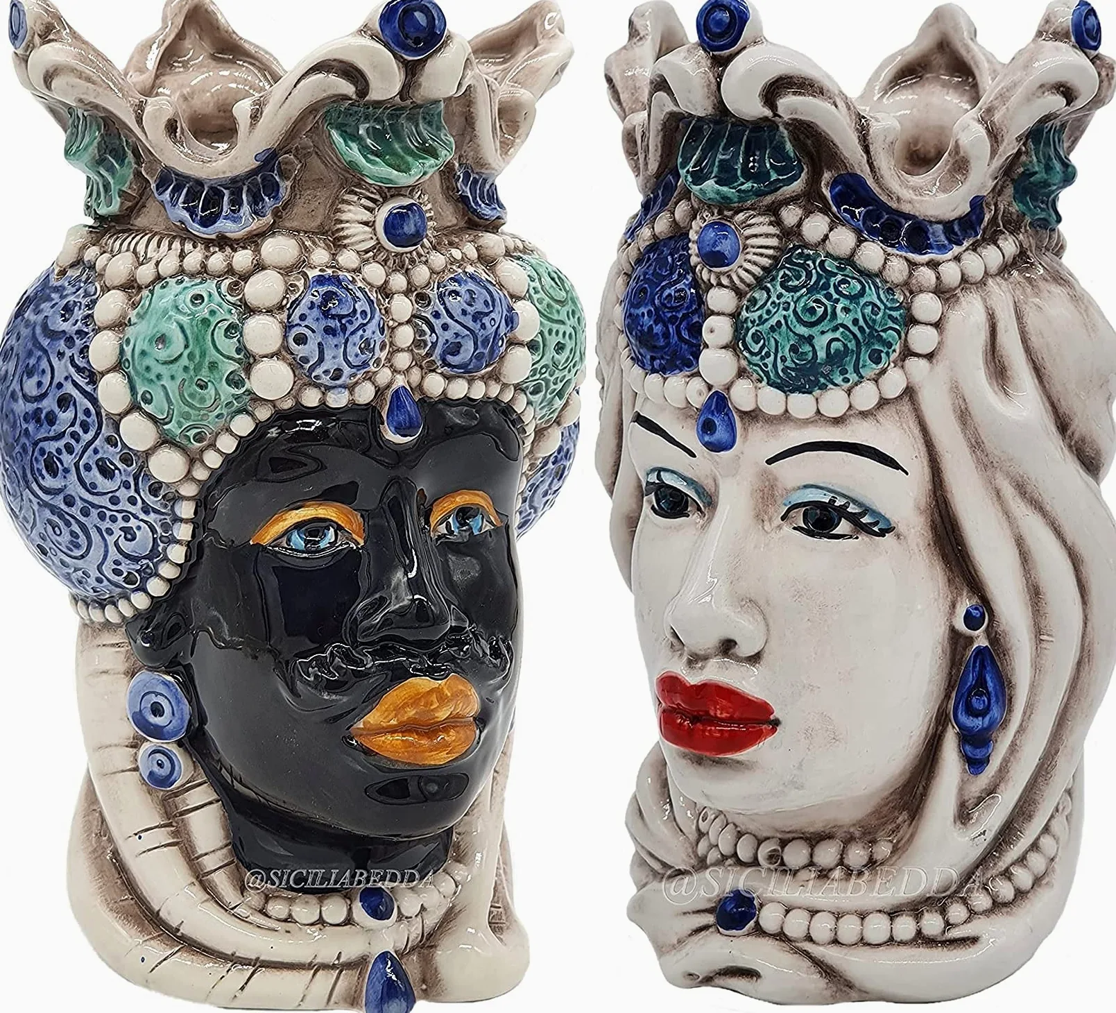 sicilia bedda - Teste di Moro Siciliane in Ceramica di Caltagirone - Realizzato Interamente a Mano - Altezza 18 Centimetri (Coppia Teste di Moro Saraceno Blu)