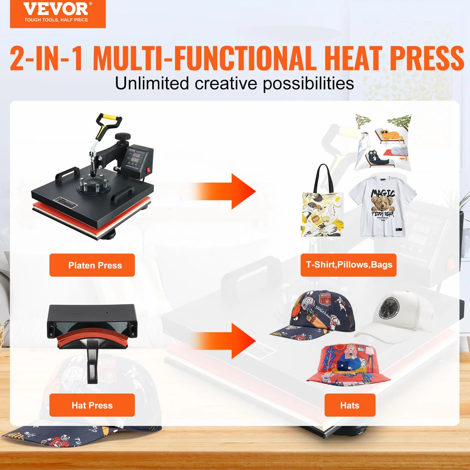VEVOR 2 in 1 Macchina Digitale per Pressa a Caldo 1500 W 15x15 Pollici Sublimazione Girevole 360°