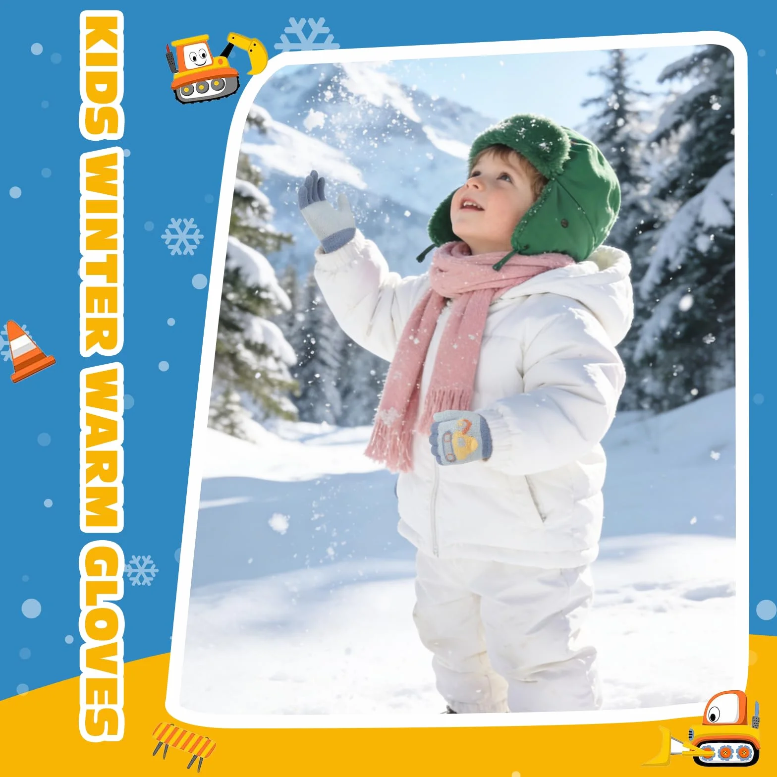 QKURT Guanti magici per bambini motivo a escavatore 3 paia guanti invernali termici elasticizzati dita intere 1-3 anni