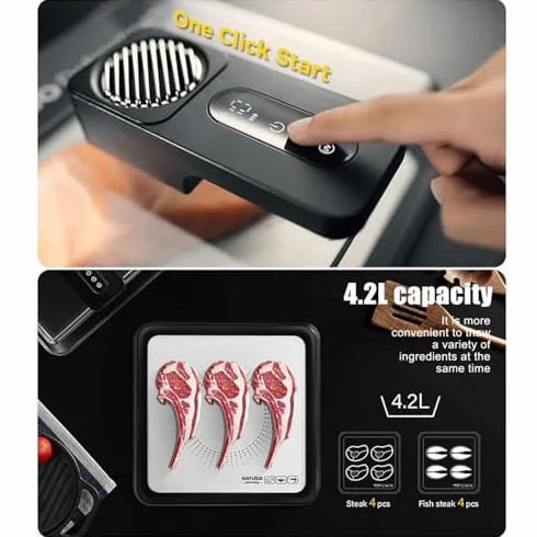 Vassoio per scongelamento rapido per carne congelata, tappetino per scongelamento intelligente con tecnologia di flusso d'aria, include coperchio e timer, ricaricabile, ideale per bistecca, pollo