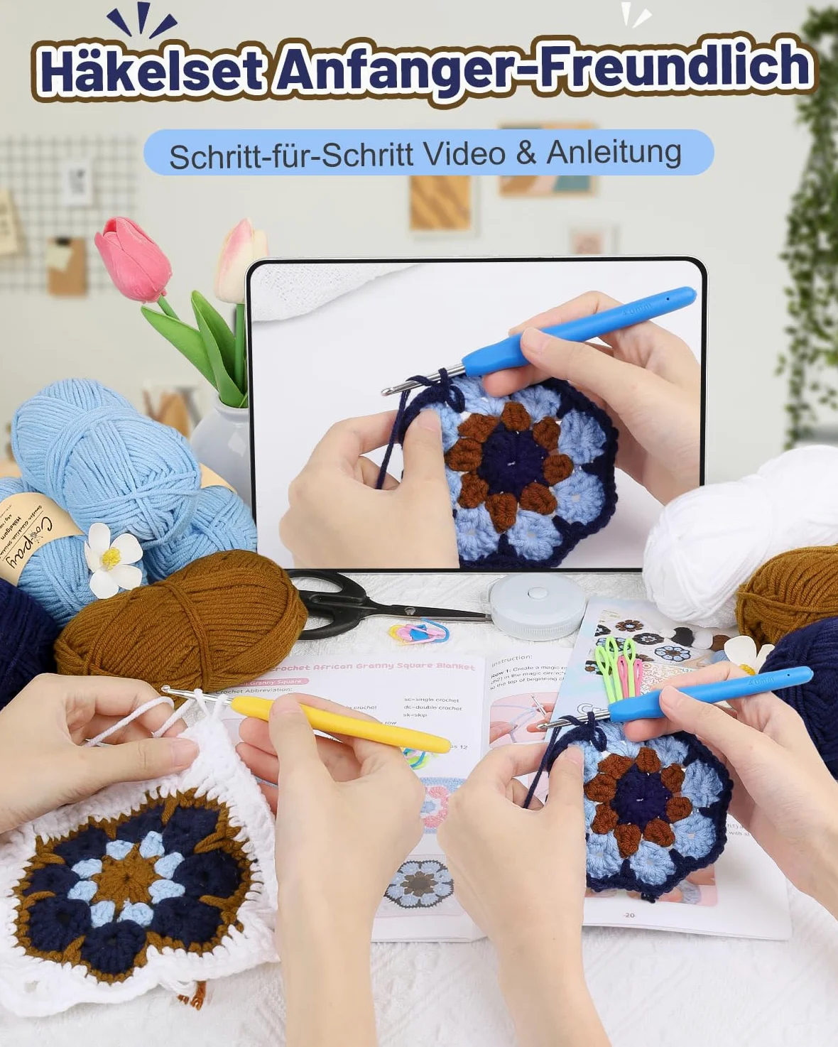 Coopay Granny Square - Set di uncinetti per principianti e professionisti, set completo per uncinetto con filato per uncinetto, istruzioni (lingua italiana non garantita), video tutorial, set di