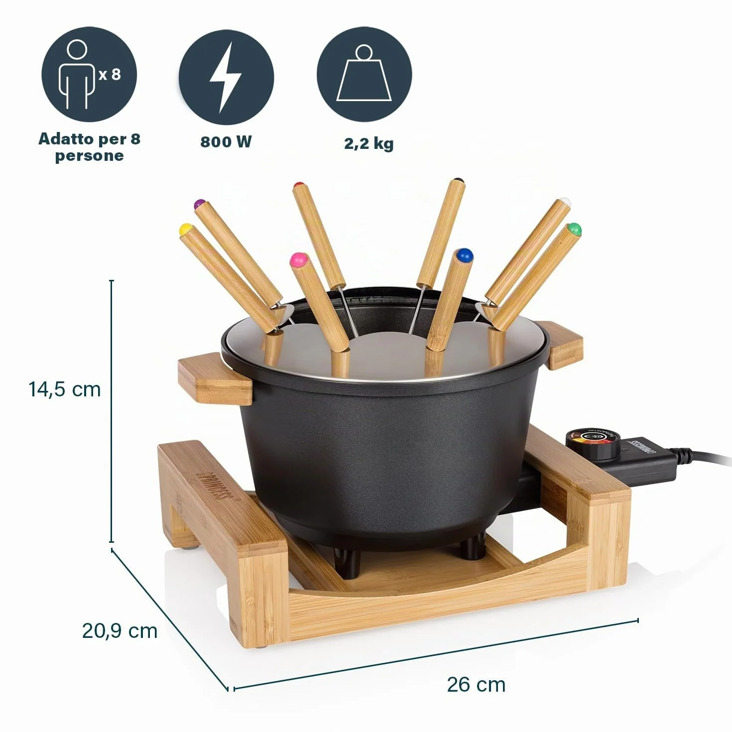 Princess Fonduta Pure Nera 1,5 L 8 forchette Supporto in bambù Rivestimento antiaderente