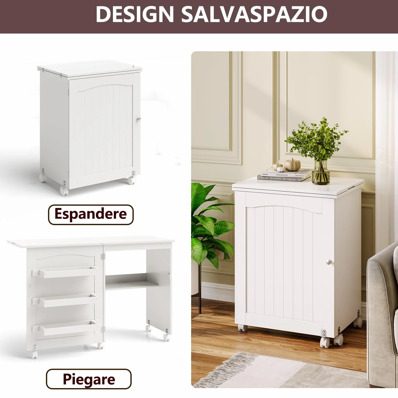 RELAX4LIFE Mobiletto per Macchina da Cucire Pieghevole su Ruote Bloccabili, Tavolo da Cucito in Legno con Ripiani Portaoggetti, Tavolino Cucito Multiuso da Studio e Salotto, 117,5x 40x 77cm (Bianco)