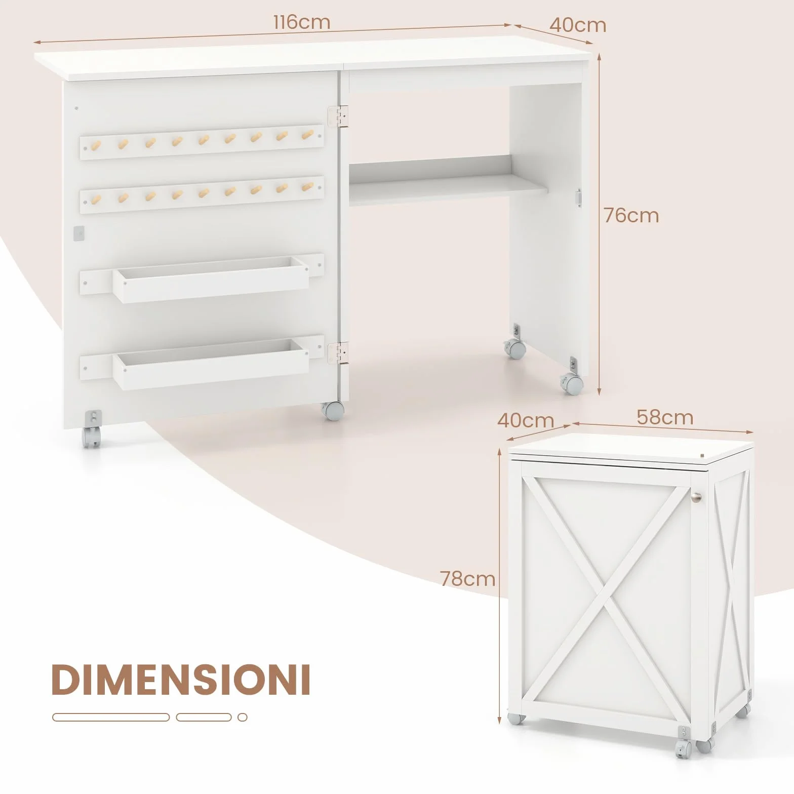 RELAX4LIFE Tavolo da Cucito Pieghevole, Armadietto per Cucito con 5 Ruote, Mensola, Ganci, Contenitori, Porta a Stalla, Mobiletto per Macchina da Cucire Salvaspazio per Soggiorno Casa (BIANCO)